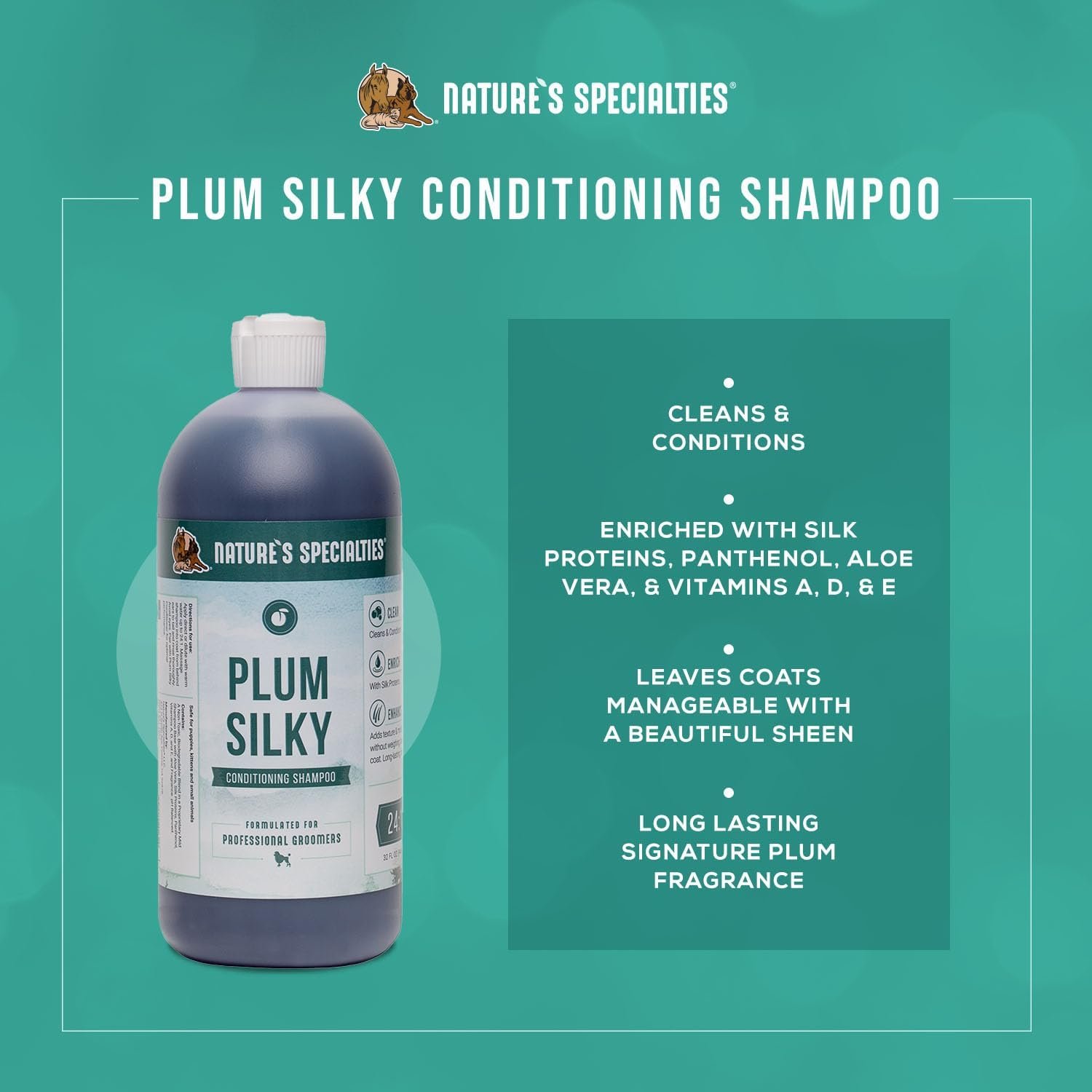 Nature's Specialties Plum Silky Ultra Concentrated Dog Shampoo Conditioner, Makes up to 6 Gallons, Natural Choice for Professional Pet Groomers, Silk Proteins, Made in USA, 32 oz - Image 3