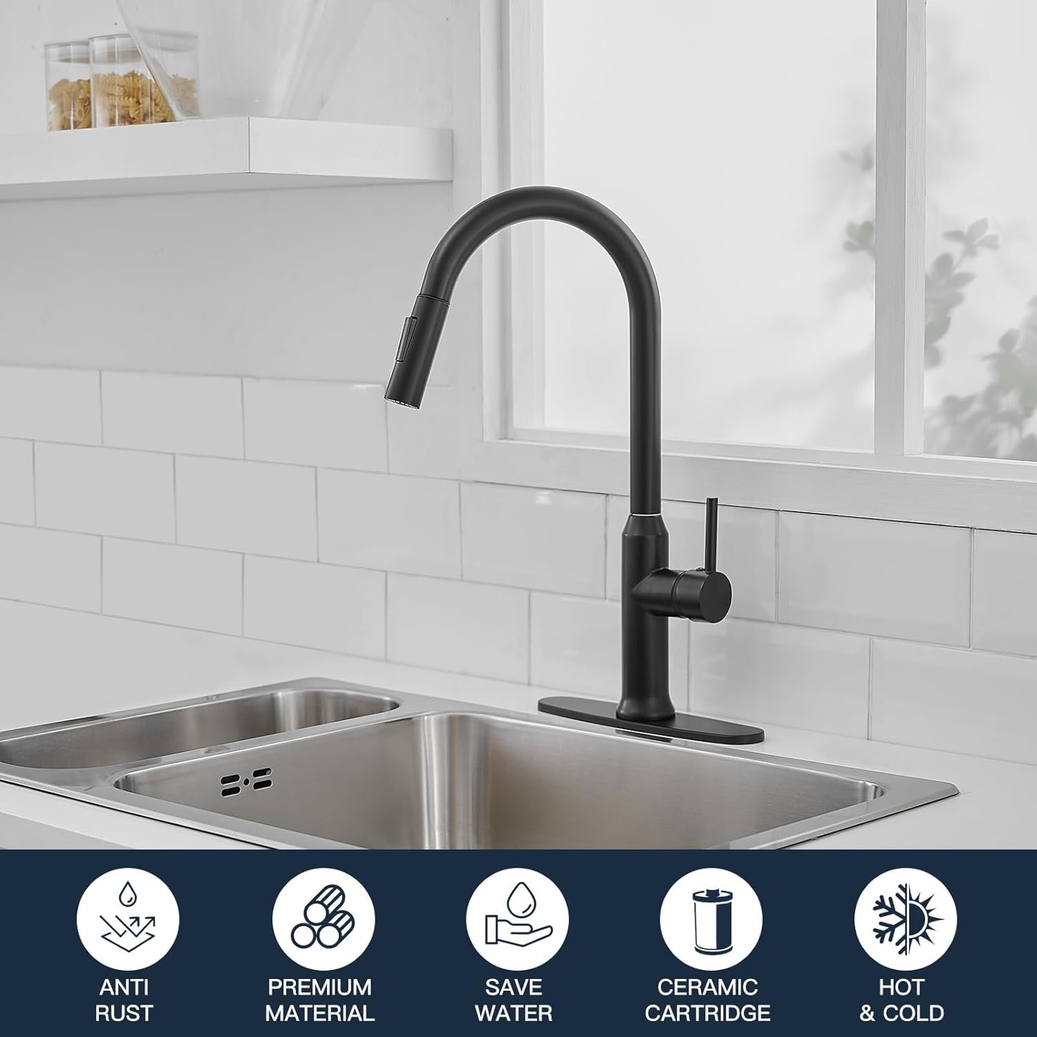 Matte Black Kitchen Faucet with Pull Down Sprayer, Single Handle Kitchen Sink Faucet 1 or 3 Hole Commercial Rv Stainless Steel Kitchen Faucet with Deck Plate and cUPC Supply Lines - Image 3