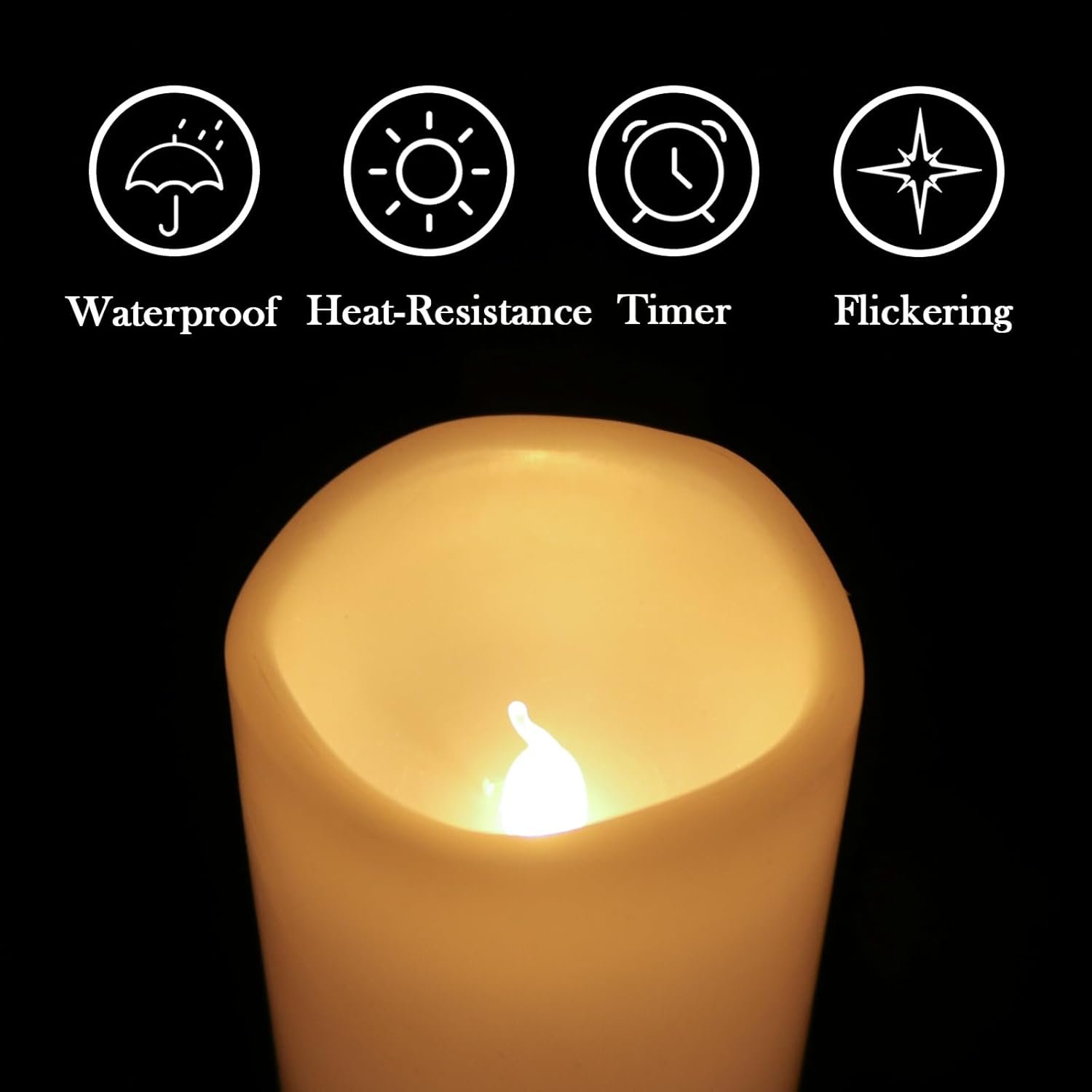 Eldnacele Waterproof Flameless Flickering Candles with 6 Hours Timer, Indoor Outdoor White LED Plastic Battery Operated Pillar Candles Pack of 4 Wedding Dinner Home Decor, D3”x H4” 5” 6” 8” - Image 7