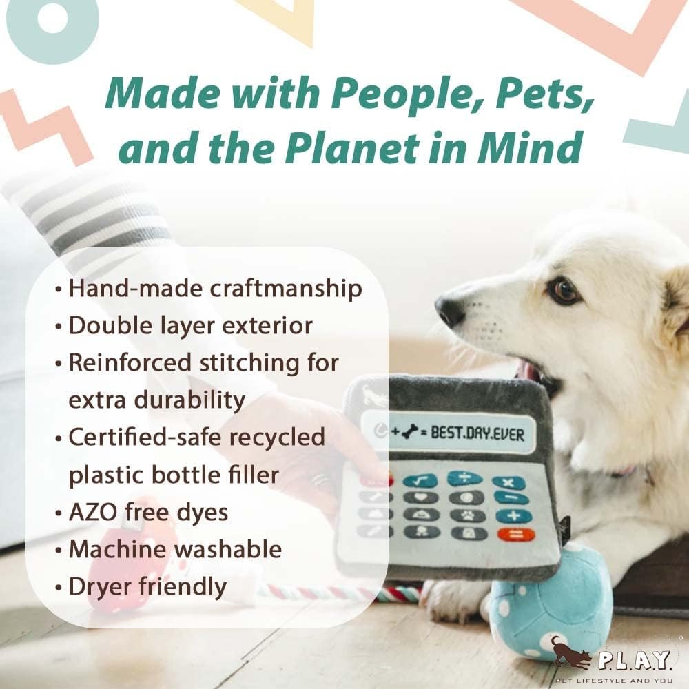 P.L.A.Y. Cute Plush Dog Toys - Back to School Themed Durable Squeaker Chew Toy, Great for Puppies & Small, Medium, Large Dogs - Machine Washable, Recycled Materials (Doggie Digits Glowing Calculator) - Image 4