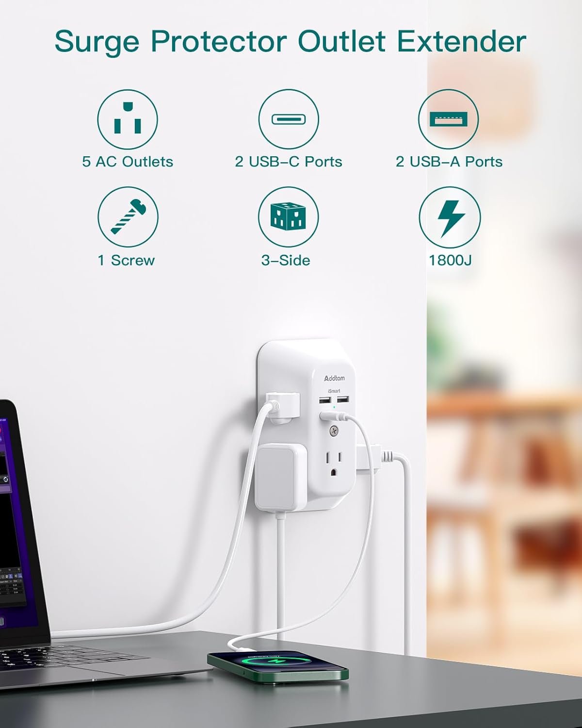 Surge Protector Outlet Extender - Addtam 5-Outlet Splitter with 4 USB Wall Charger(2 USB-C Ports), Multi Plug Outlet Power Strip for Home, Dorm Room Essentials - Image 3