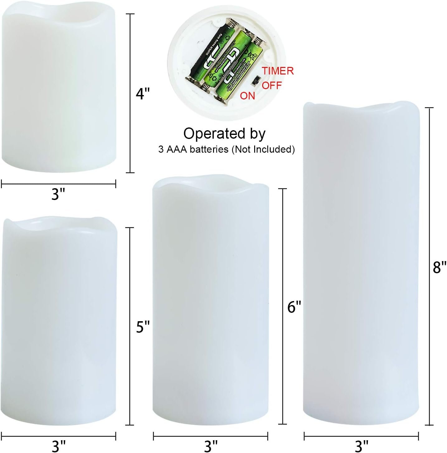 Eldnacele Waterproof Flameless Flickering Candles with 6 Hours Timer, Indoor Outdoor White LED Plastic Battery Operated Pillar Candles Pack of 4 Wedding Dinner Home Decor, D3”x H4” 5” 6” 8” - Image 4