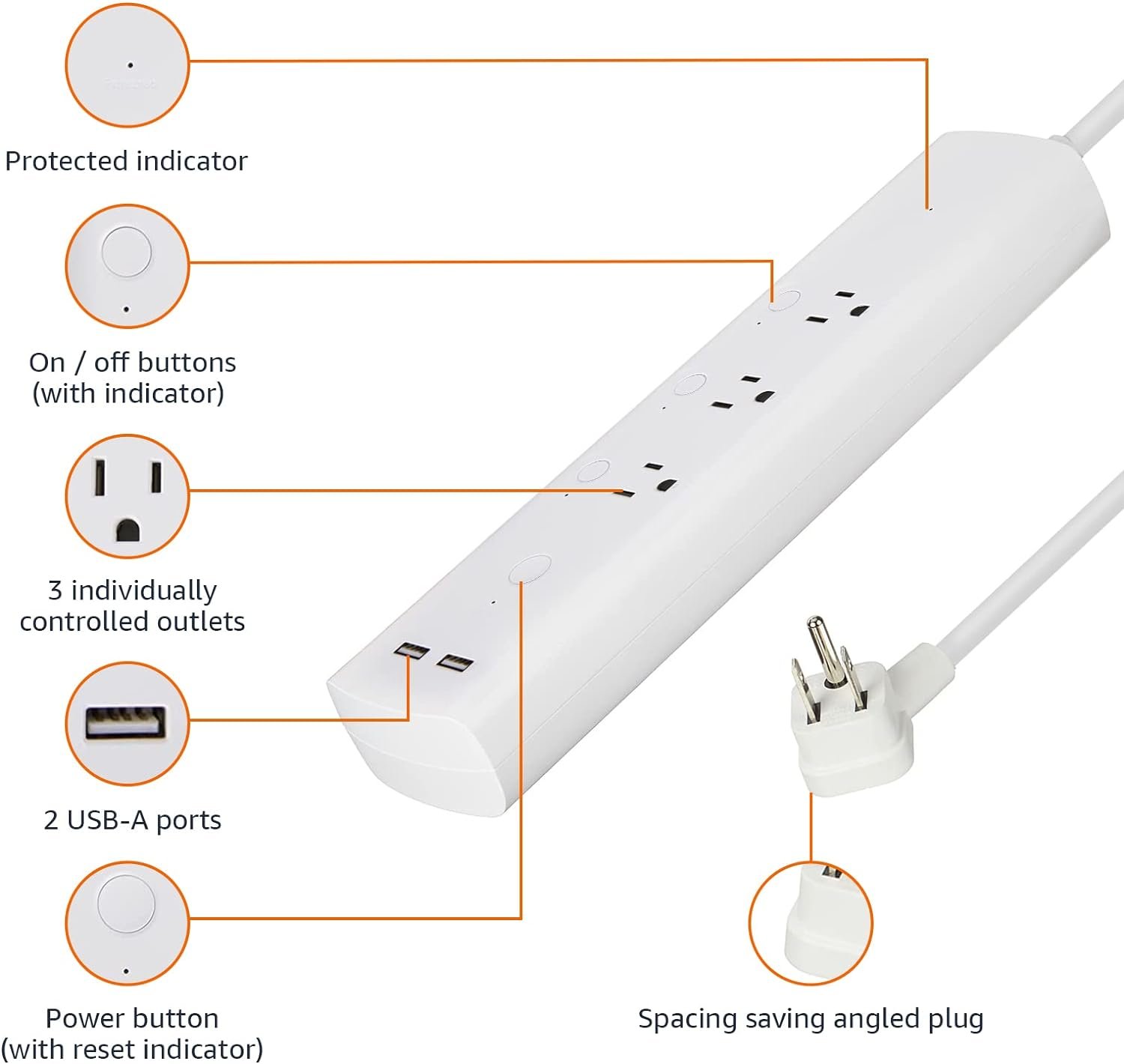 Amazon Basics Rectangle Smart Plug Power Strip with 3 Individually Controlled Outlets and 2 USB-A Ports, Works with Alexa Only, 2.4 GHz Wi-Fi, No Hub Required, White, 11 x 2.6 x 1.4 inches - Image 4
