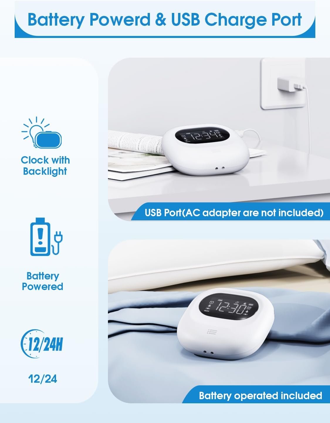 PPLEE Small Wireless Digital Vibrating Clock, Loud Alarm Clock for Heavy Sleepers Adults, Weekday/Weekend Dual Alarms for Bedrooms, Rechargeable Battery Powered Bed Shaker Under Pillow, Week Display - Image 8