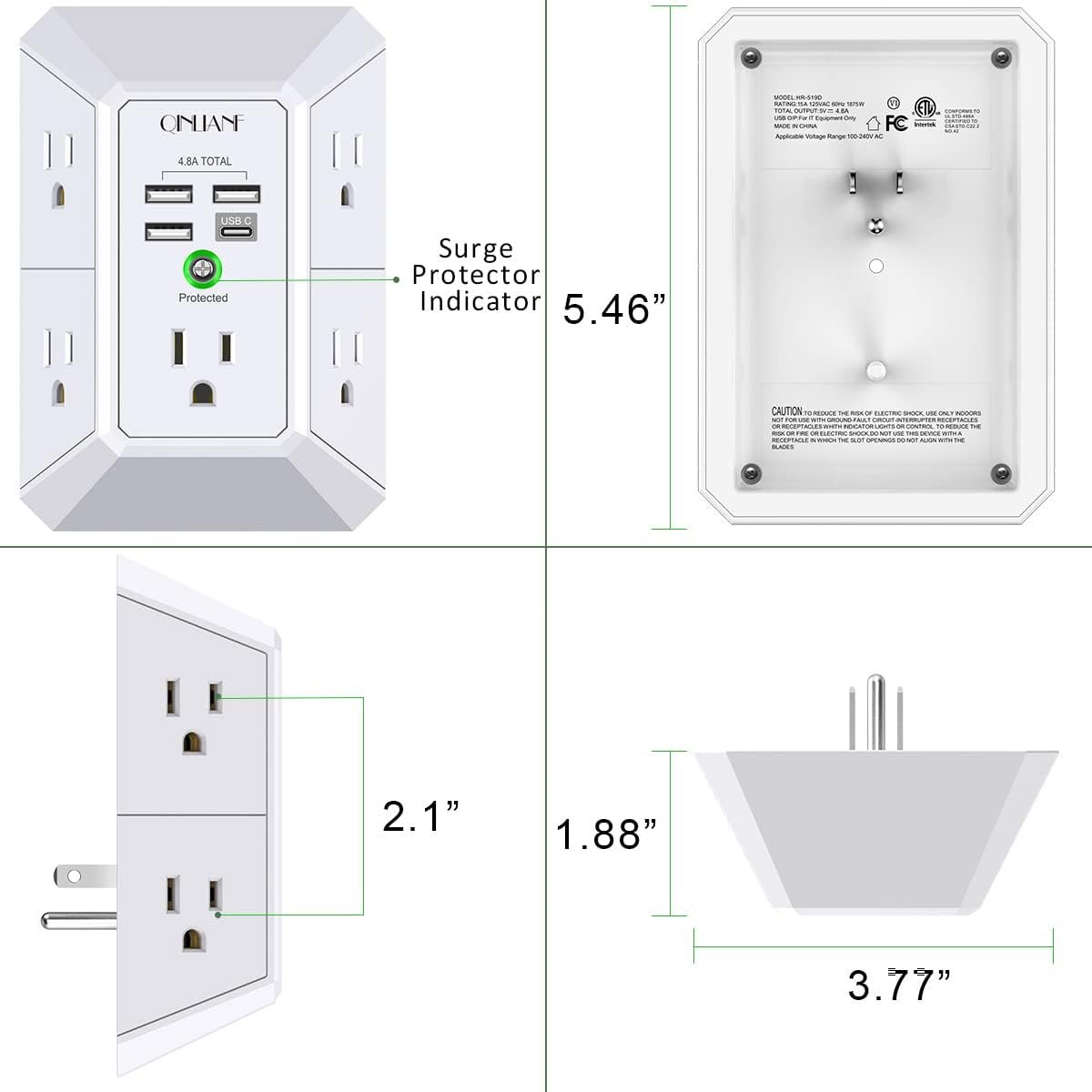 Wall Charger, Surge Protector, QINLIANF 5 Outlet Extender with 4 USB Charging Ports (4.8A Total) 3-Sided 1680J Power Strip Multi Plug Adapter Spaced for Home Travel Office (3U1C) - Image 8
