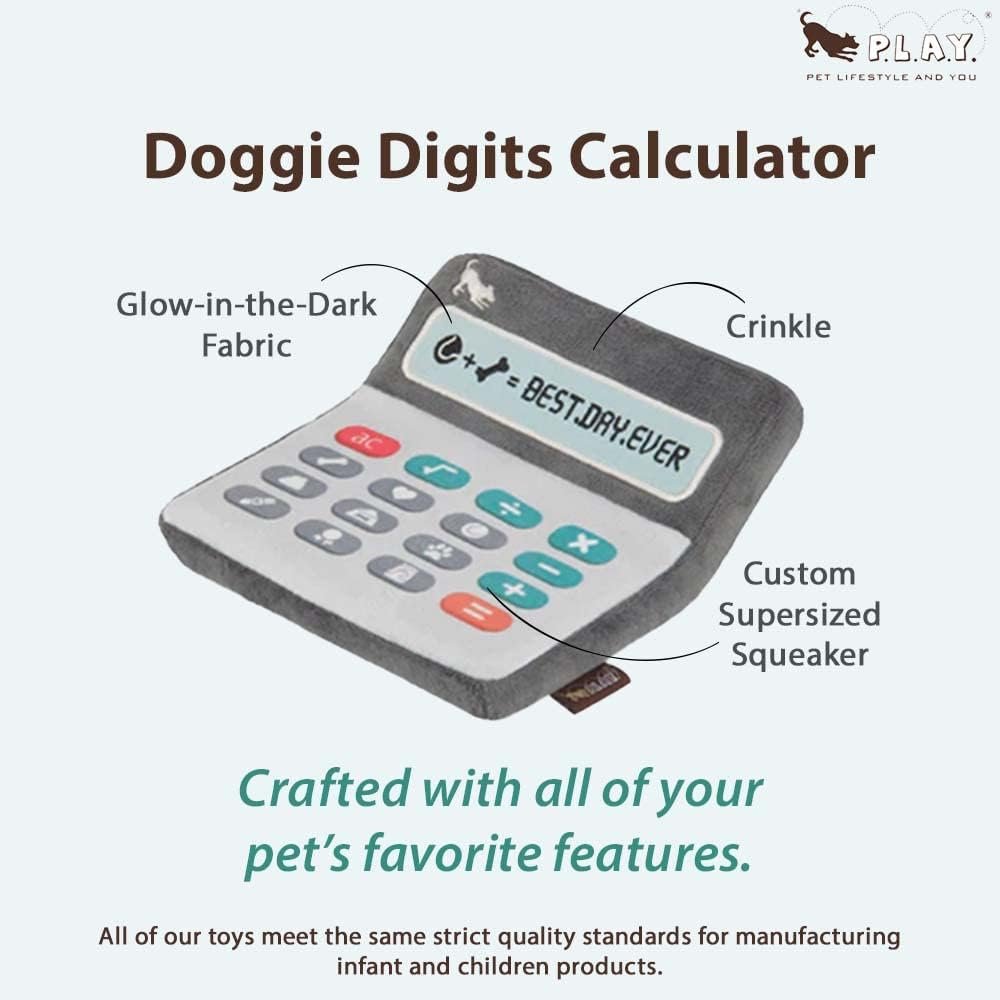 P.L.A.Y. Cute Plush Dog Toys - Back to School Themed Durable Squeaker Chew Toy, Great for Puppies & Small, Medium, Large Dogs - Machine Washable, Recycled Materials (Doggie Digits Glowing Calculator) - Image 3