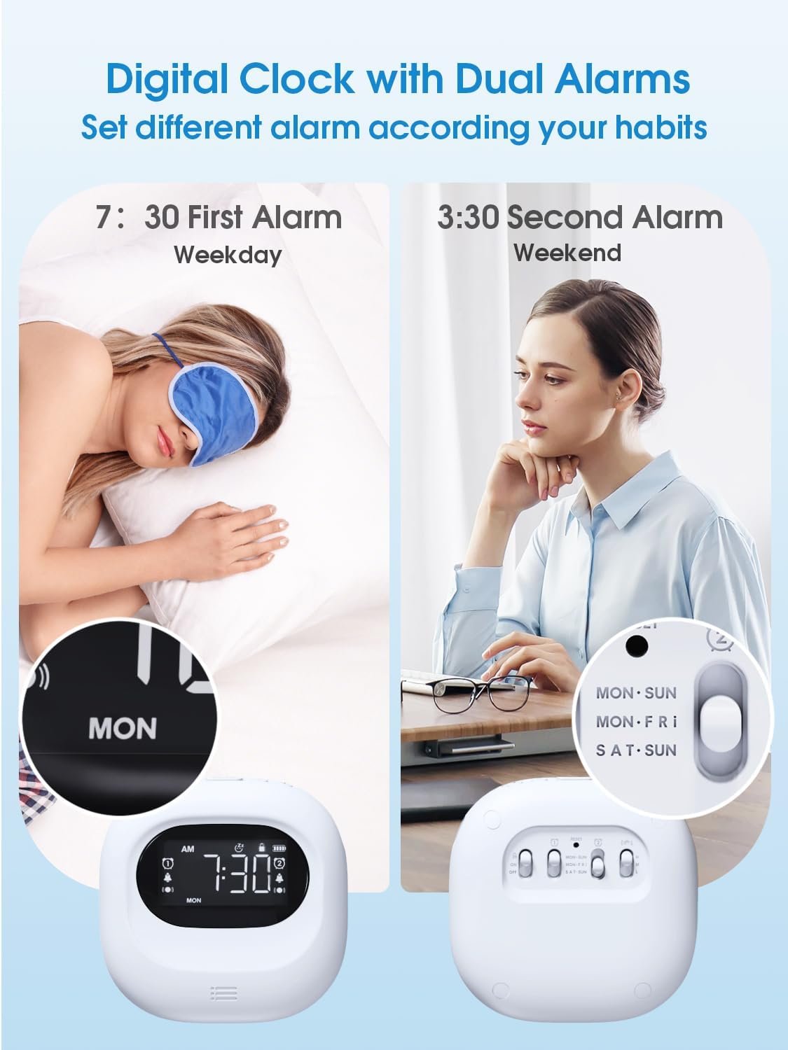 PPLEE Small Wireless Digital Vibrating Clock, Loud Alarm Clock for Heavy Sleepers Adults, Weekday/Weekend Dual Alarms for Bedrooms, Rechargeable Battery Powered Bed Shaker Under Pillow, Week Display - Image 6