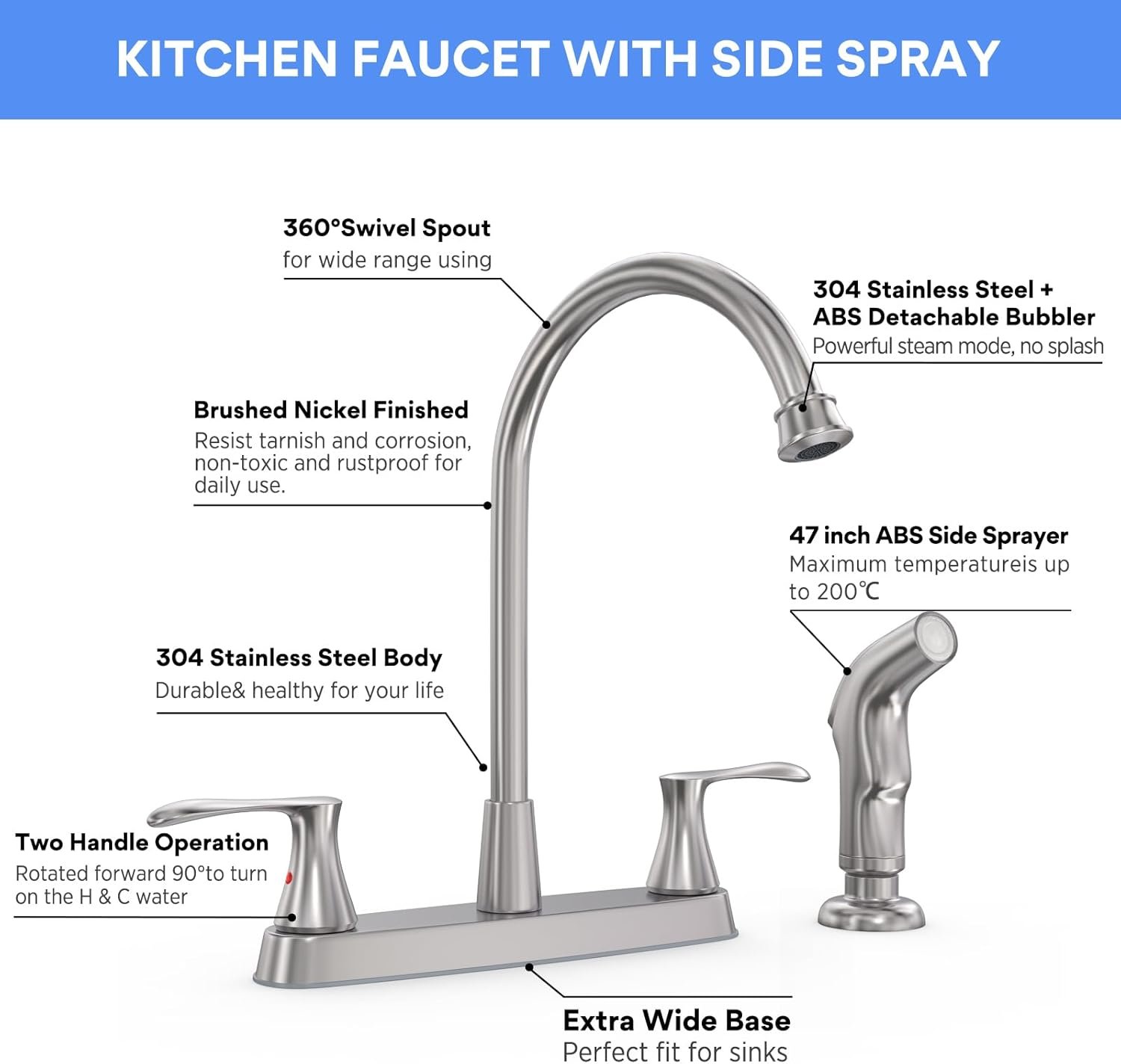 Kitchen Faucet with Sprayer, Brushed Nickel Kitchen Sink Faucet, Kitchen Faucets for Sink 3 Hole or 4 Hole,GOWIN 2 Handle Kitchen Faucet with Side Sprayer, Grifos De Cocina,Stainless Steel - Image 6