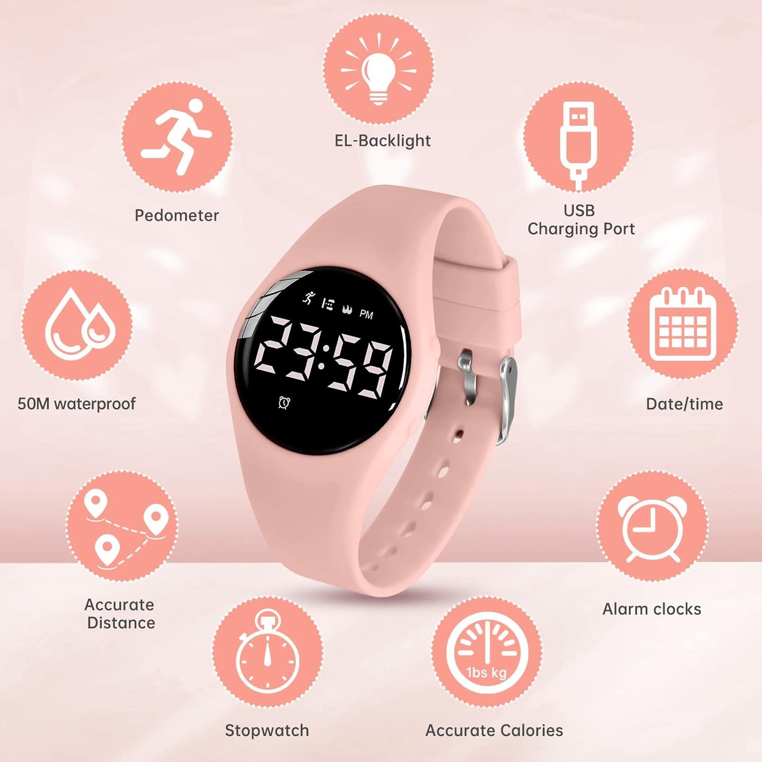 Kids Watch, Digital Watch for Girls Boys, Sport Watch with Alarm Clock, Stopwatch, Waterproof Fitness Tracker with No App for Ages 5-12 Children (YB-Pink) - Image 3
