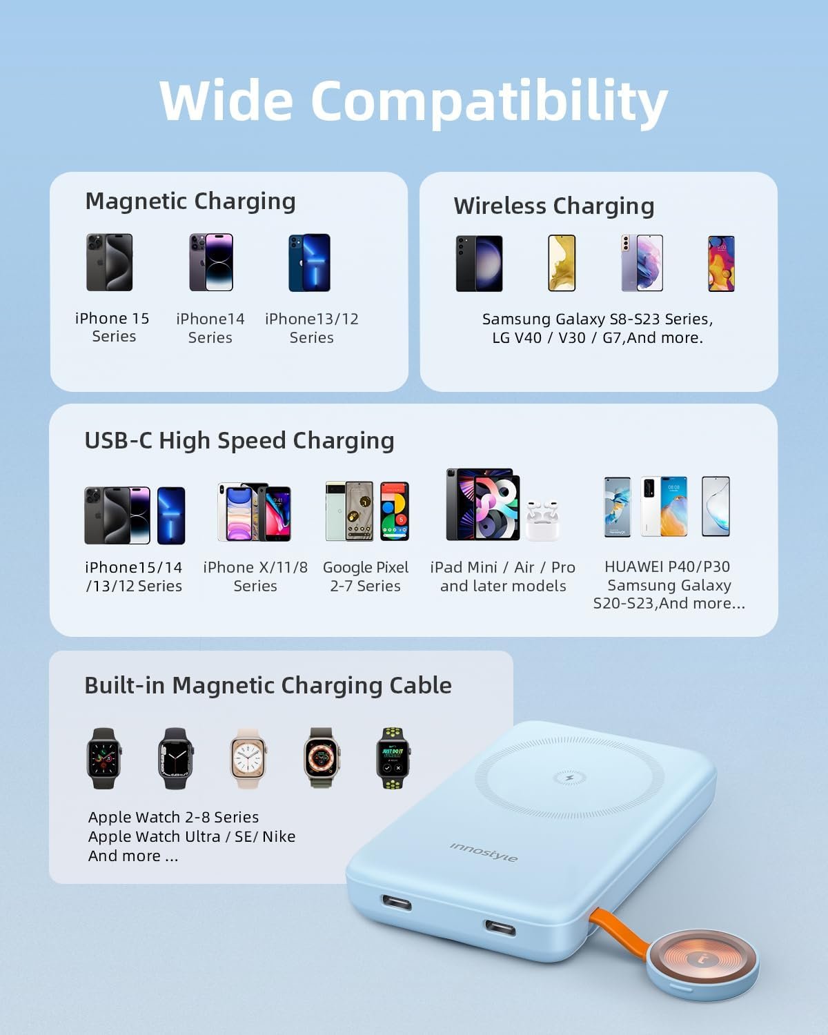 Magnetic Power Bank 4-in-1 Wireless Charger 10000mAh Portable Apple Watch Charger Slim 20W USB-C Fast Charging Battery Pack with Compatible with Magsafe, Charger for iPhone 15 14 13 12 Series-Blue - Image 8