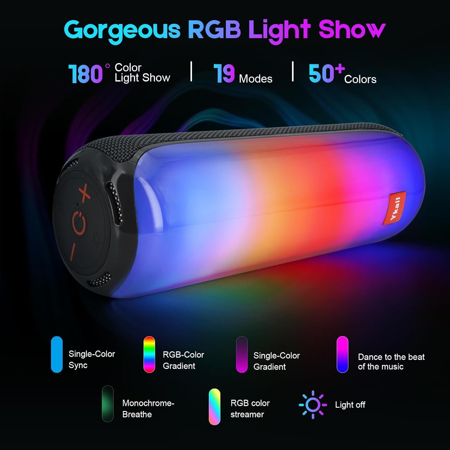 Portable Bluetooth Speaker, 20W Loud Sound Wireless Speaker with Cool Dynamic LED Lights, Outdoor Bluetoooth Speaker, IPX5 Waterproof, Bluetooth 5.3, 14H Playtime Supports FM Mode, TF, USB - Image 3