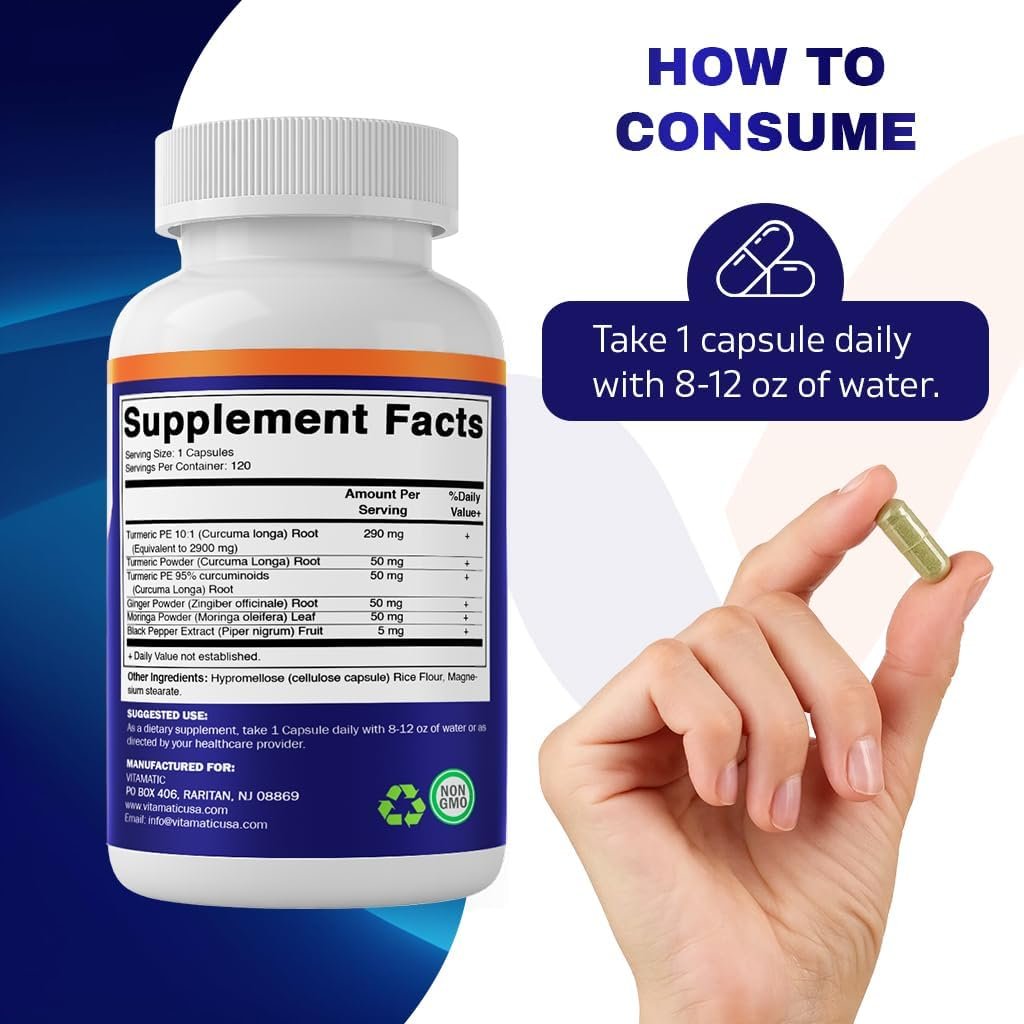 Vitamatic Turmeric Curcumin 3000mg, 95% Curcuminoids, Black Pepper, Ginger, Moringa, 120 Vegetable Capsules, Non-GMO, Gluten Free (120 Capsules) - Image 5