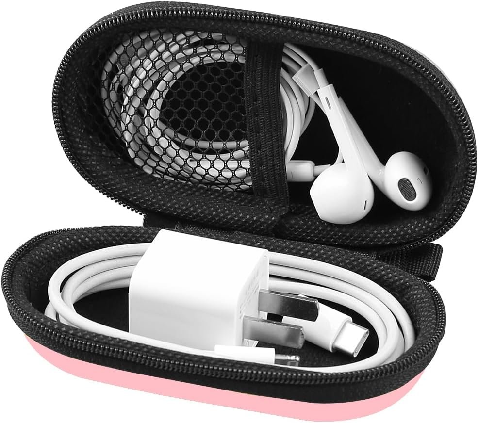 Earbud Case Wired Earphone Case Holder EVA Headphone Storage Bag Small Zipper Pouch Compatible for EarPods, AirPods, Beats Flex, Urbeats3, Bose Wireless Earbuds, USB Cable, with Clip-Pink - Image 3