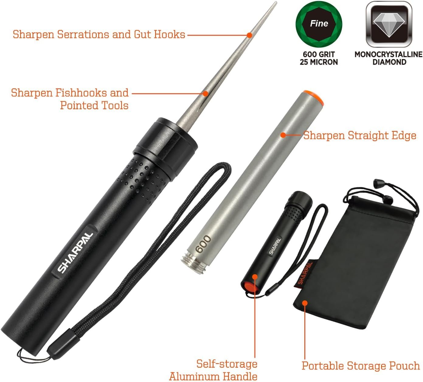 SHARPAL 178N 3-In-1 Blade Sharpener | 4-Inch 600 Grit Diamond Sharpening Rod | Sharpen All Knife and Tool with Straight Edge, Serration & Hooks | Pocket Knife Sharpener | Durable Aluminum Handle - Image 3