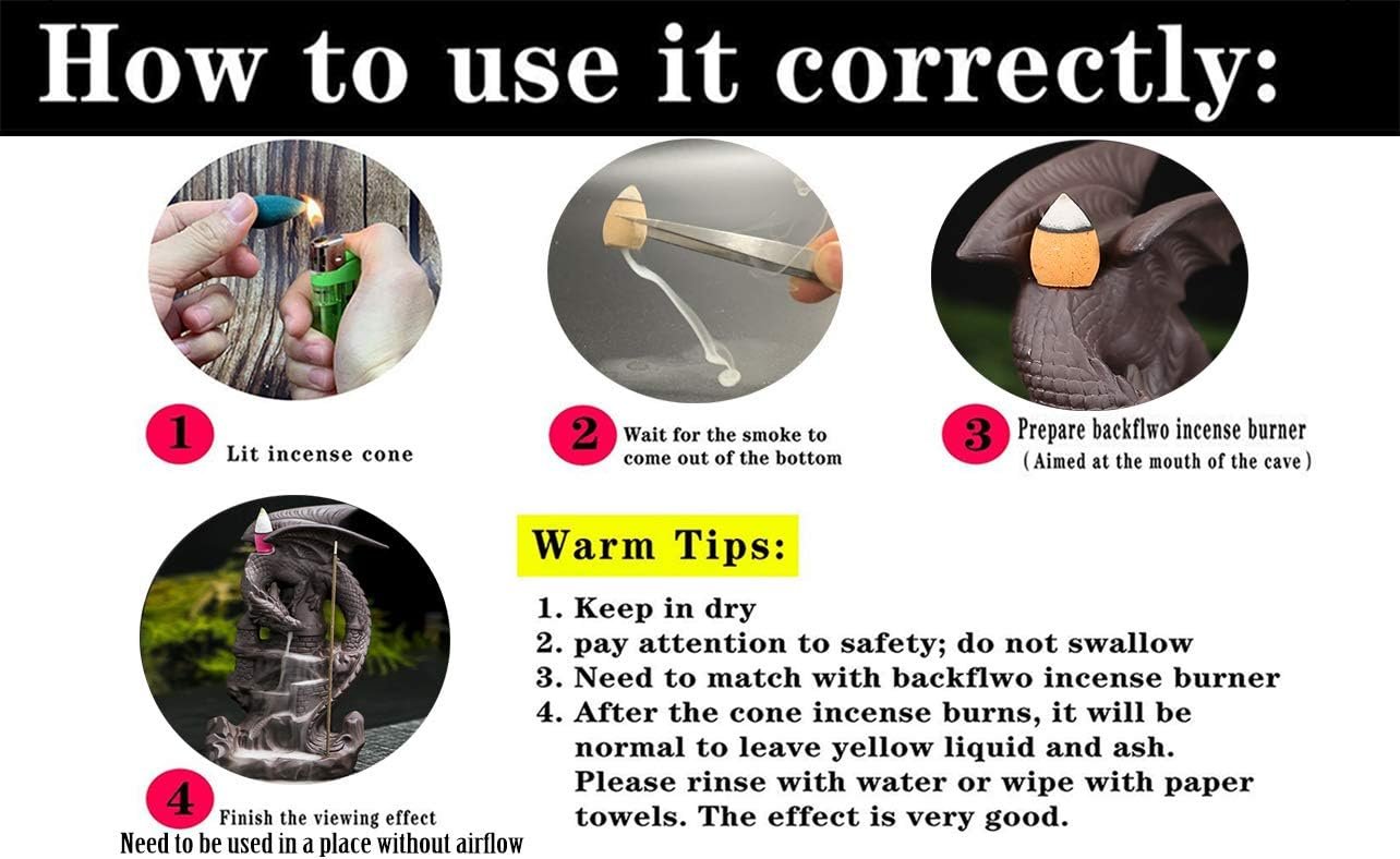 Dragon Backflow Incense Burner Handmade Ceramics Ornamen Statue Fountain Home Decor Waterfall Incense Holder, with 100 Backflow Incense Cones and 1Mat - Image 4