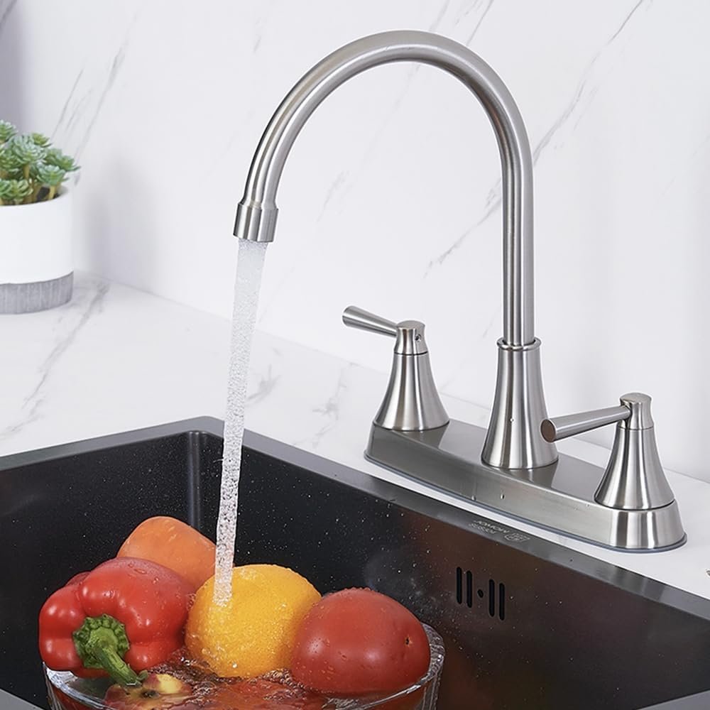 3 Hole Kitchen Faucet, Brushed Nickel Two Handles Kitchen Faucet, RV Kitchen Sink Faucet, 3 Hole or 4 Holel Faucet for Kitchen Sink, Touck Kitchen Faucet, TDLKF029W-L - Image 3