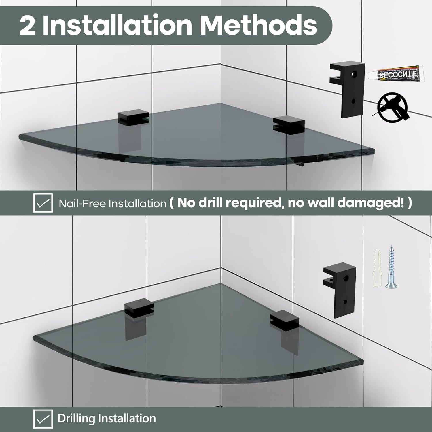 2-Pack Glass Shelf Shower Caddie, Shower Shelves for Inside Shower, Drilling Free Adhesive Wall Mounted Bathroom Organizer Shelves with Aluminium Brackets, Black - Image 5
