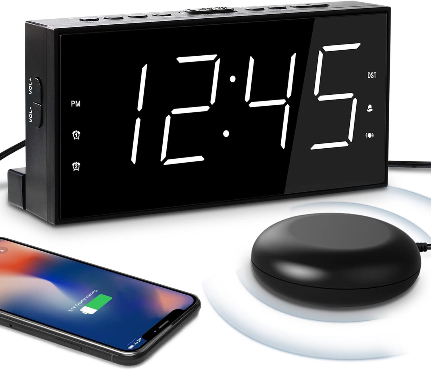 Extra Loud Dual Alarm Clock with Vibration for Bedroom,Extreme Bed Shaker Alarm Clock for Deep Sleeper Hard of Hearing Deaf,7" Clear LED Display,USB Port,Battery Backup,Easy to Set for Senior,Kids,DST - Image 2