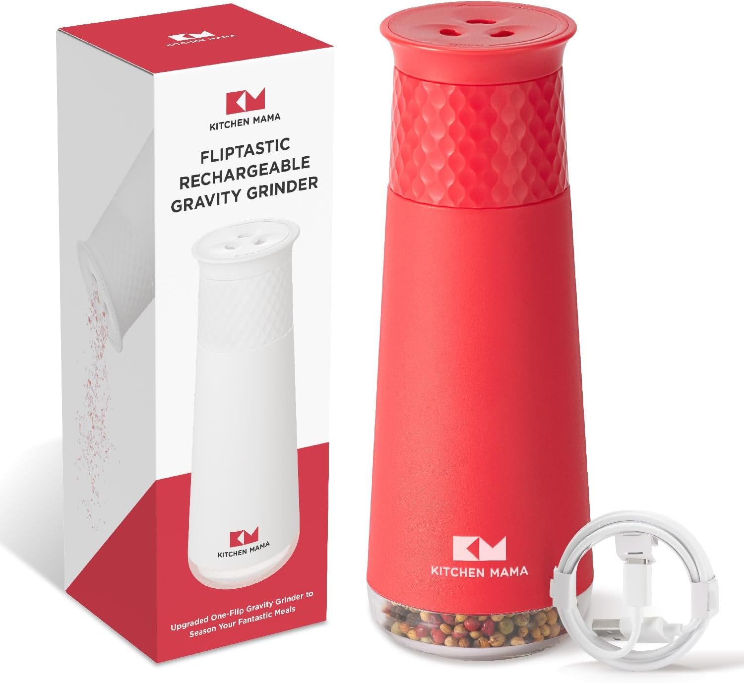 Kitchen Mama Rechargeable Gravity Salt and Pepper Grinder, Adjustable Coarseness, Refillable, Electric One-Hand-Operated, Small & Light Seasoning Tools - Automatic Spice Shaker Dispenser (Red) - Image 2