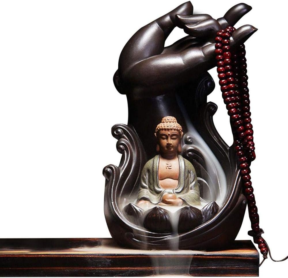 Buddha Lotus Hand Backflow Incense Burner, Home Ceramic Backflow Zen Incense Holder Burner with 10pcs Incense Cone (Buddha) - Image 3