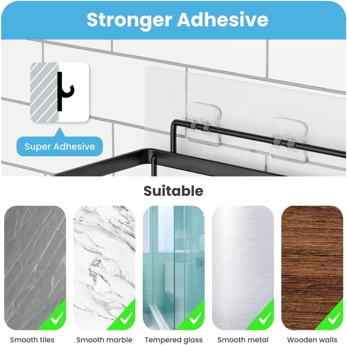 Shower Shelves 3 Pack, Adhesive Shower Organizer with 20 Hooks, 3 Adhesive Hooks, Large Capacity,Stainless Steel Black Shower Caddy,No Drilling,Easy Installation Shelf for Inside - Image 8