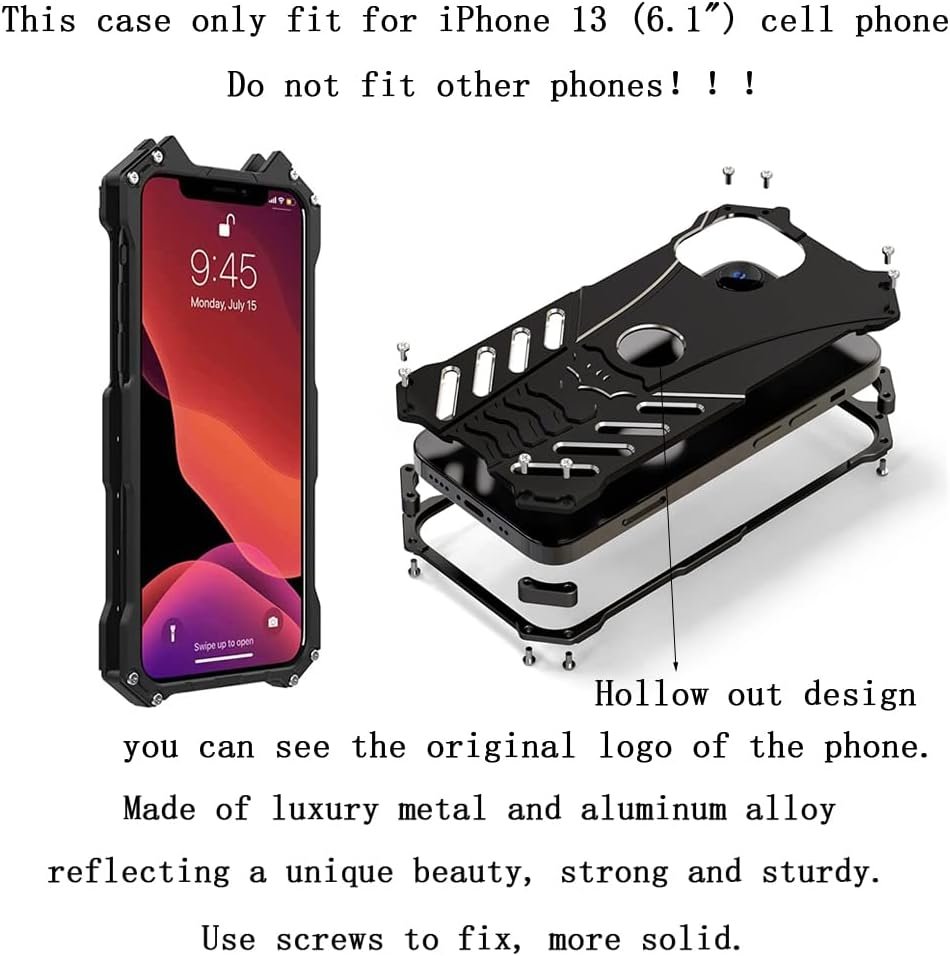 Cool Tough Metal Case for iPhone 13 (6.1 inch), Anti-Fall Shockproof Aluminum Alloy Bumper Protective Skin Scratchproof Frame Back Plate Cover Black - Image 3