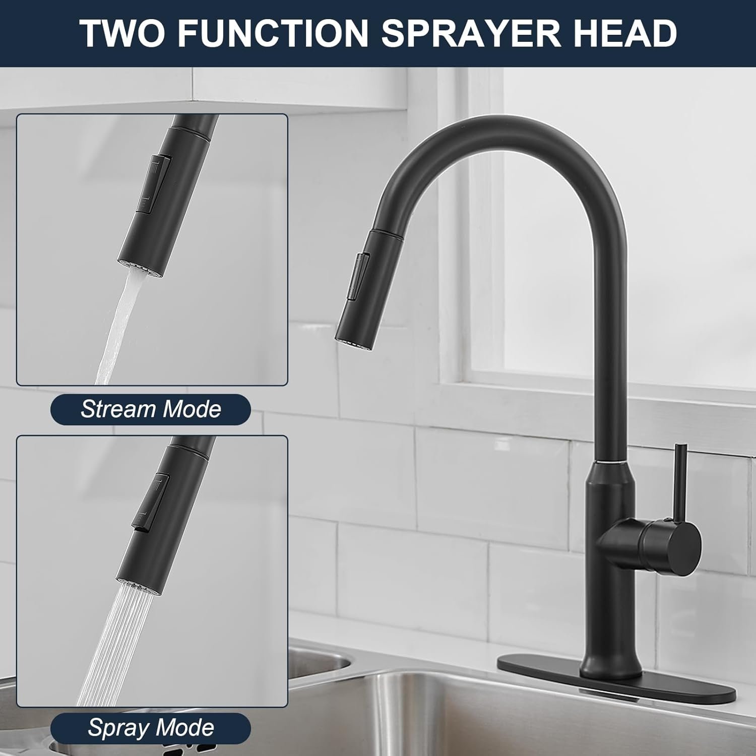 Matte Black Kitchen Faucet with Pull Down Sprayer, Single Handle Kitchen Sink Faucet 1 or 3 Hole Commercial Rv Stainless Steel Kitchen Faucet with Deck Plate and cUPC Supply Lines - Image 4