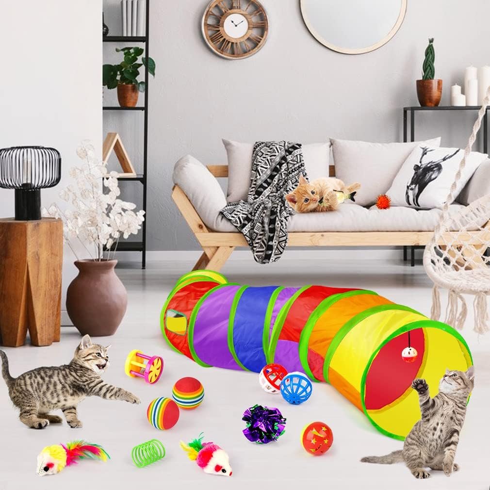 32 PCS Cat Toys Kitten Toys, Variety Catnip Toys with Rainbow Tunnel Interactive Cat Feather Teaser Fluffy Mouse Crinkle Balls Spring Toy Set for Cat, Kitty - Image 7