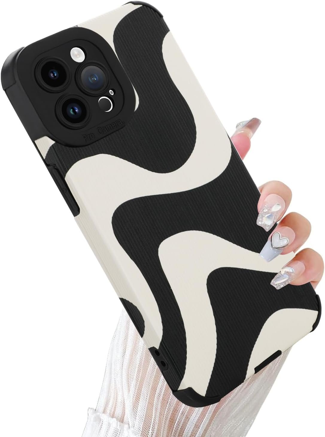 Case for iPhone 15 Pro Max 6.7" 2023 Wave Pattern Case, Soft TPU Bumper Silicone Glue Phone Case Cute Zebra Pattern Cover Designed for Female Girls Black White - Image 2
