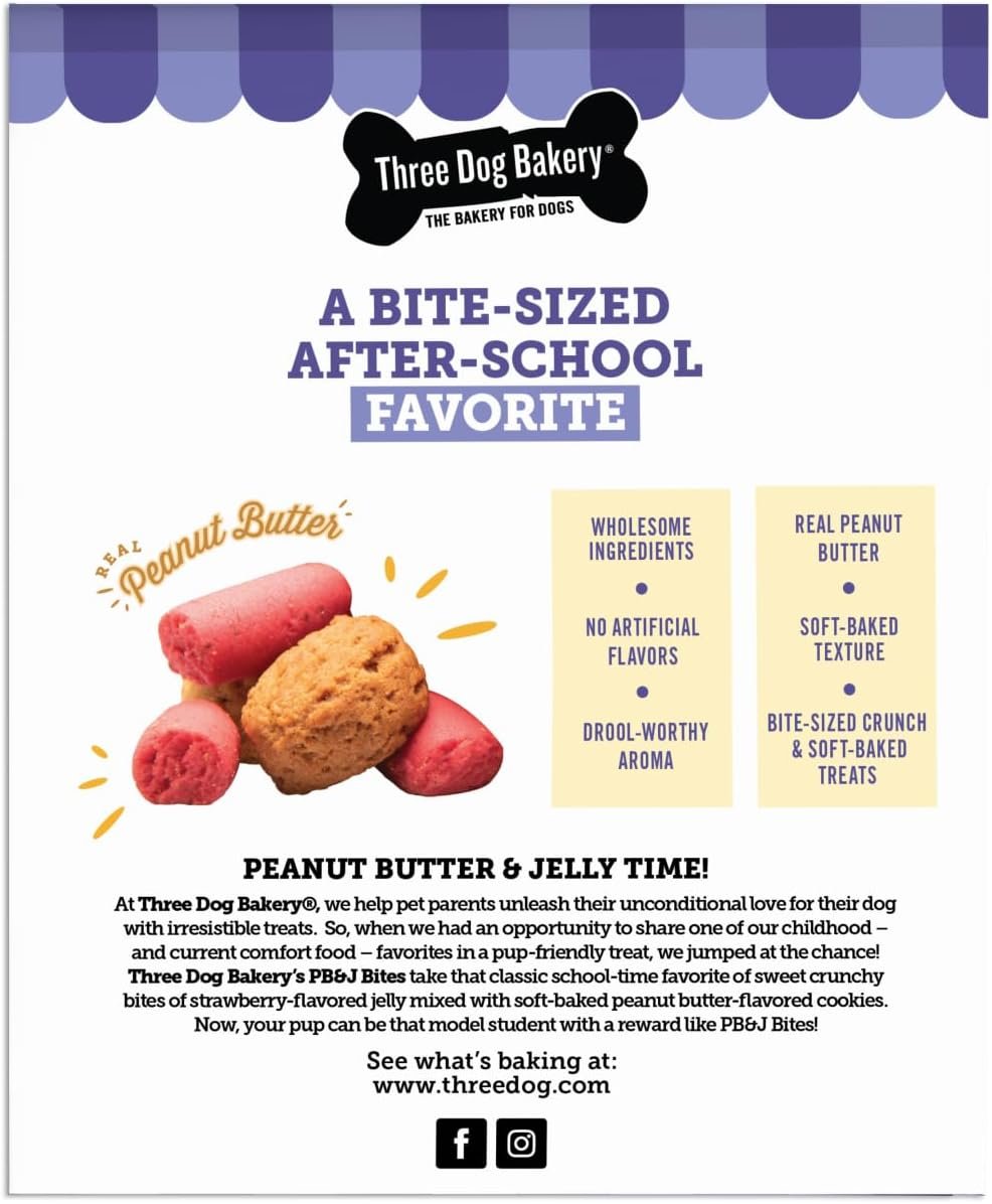 Three Dog Bakery Soft Baked PB&J Bites, Peanut Butter & Strawberry Flavor, Premium Treats for Dogs, 8 Ounce Box, brown (320035) - Image 3