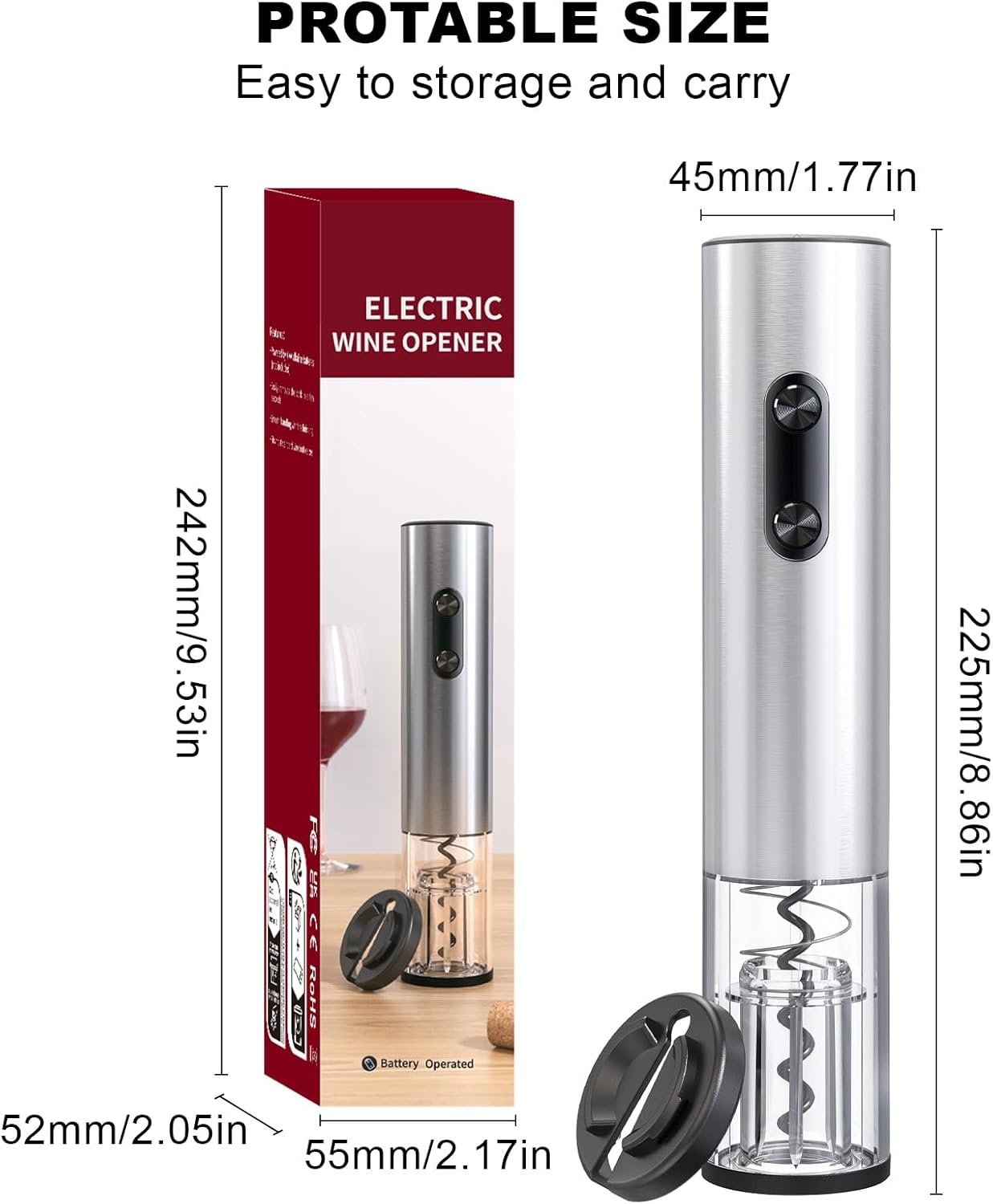 COKUNST Electric Wine Opener, Battery Operated Corkscrews Wine Bottles Openers with Foil Cutter & LED Light, Reusable Automatic Wine Remover Stainless Steel for Wine Lover Home Kitchen Party - Image 9