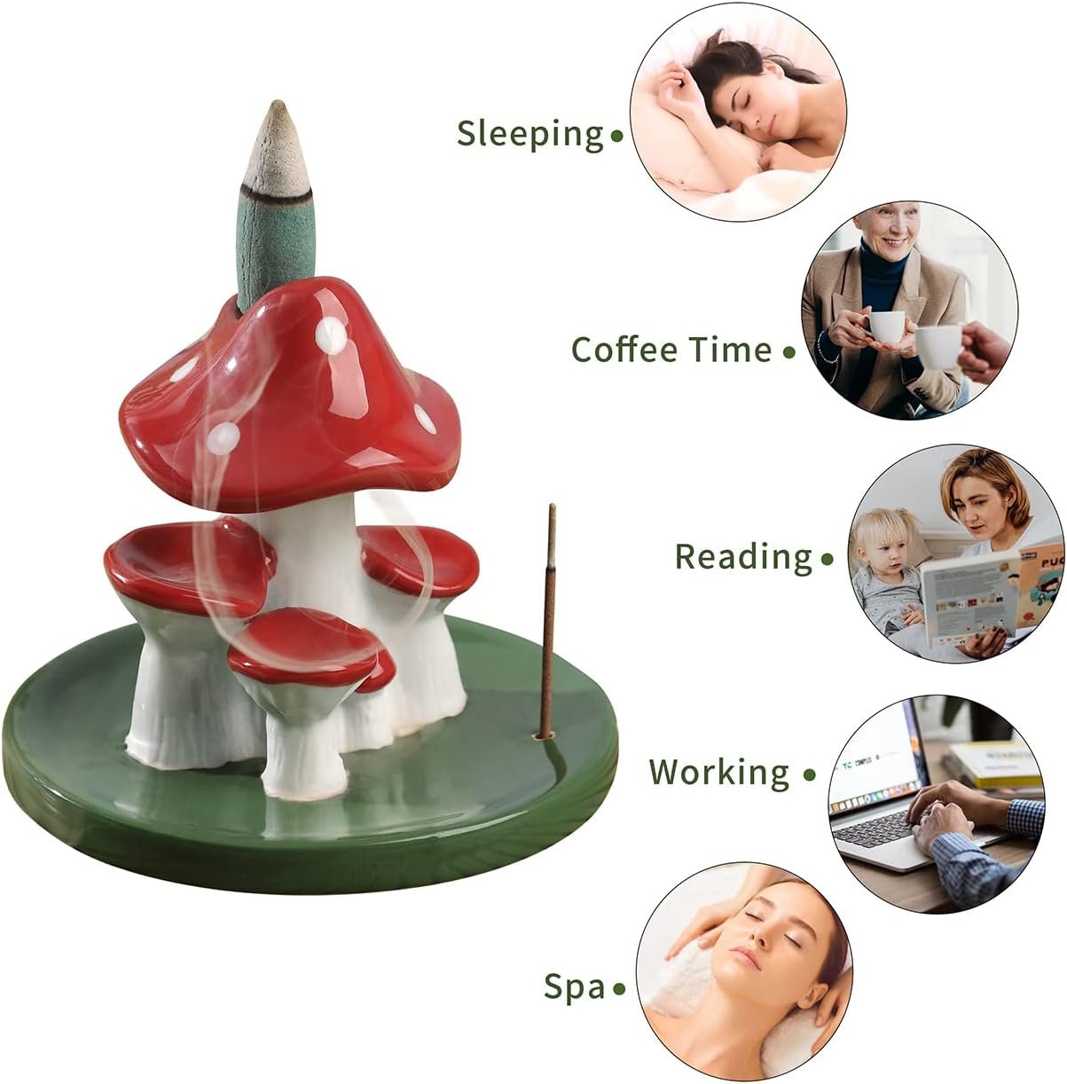 Ceramic Mushroom Incense Holder Backflow Incense Burner Meditation Accessories, with 30 Incense Sticks and 20 Downflow Incense Cones, Handmade Nature Theme Mushroom Incense Burner Tray(Red+Green) - Image 6