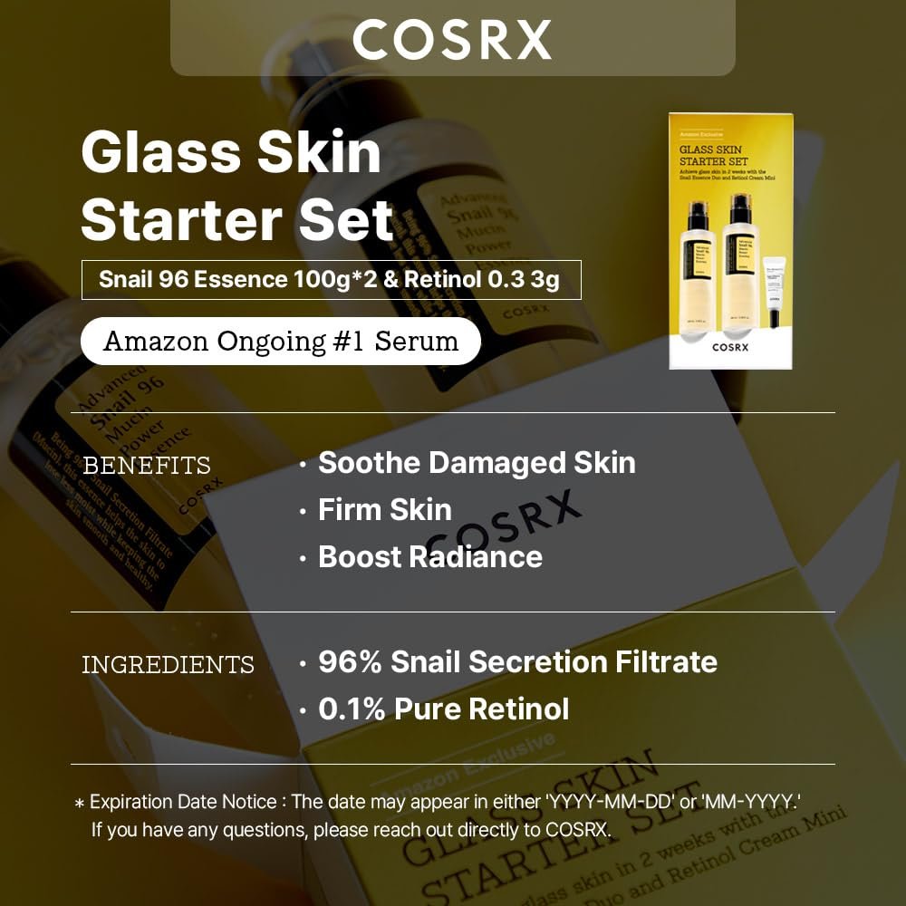 COSRX Glass Skin Starter Set, Amazon Exclusive, Advanced Snail 96% Mucin Power Essence & Retinol 0.1% Cream Mini Sample, Daily Hydrating & Firming Korean Skin Care Kit, Gift Set - Image 3