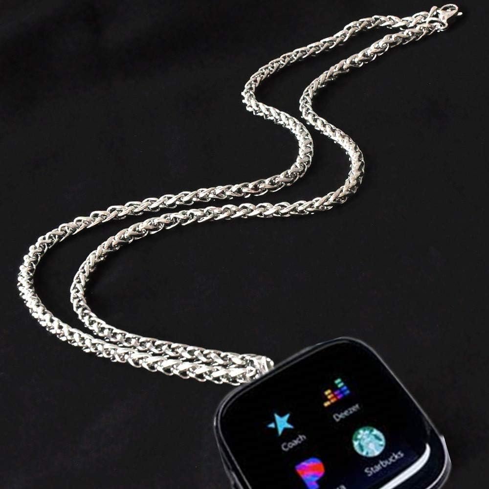 Stainless Steel Chain Necklace Smartwatch Band Compatible with Fitbit Versa 1/2/Lite Newest Polished Silver Metal Wheat Chain Strap Rope Neckband Replacement Accessories Wearable Technology Women Men - Image 3