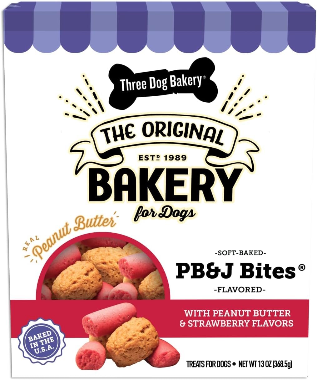 Three Dog Bakery Soft Baked PB&J Bites, Peanut Butter & Strawberry Flavor, Premium Treats for Dogs, 8 Ounce Box, brown (320035) - Image 2