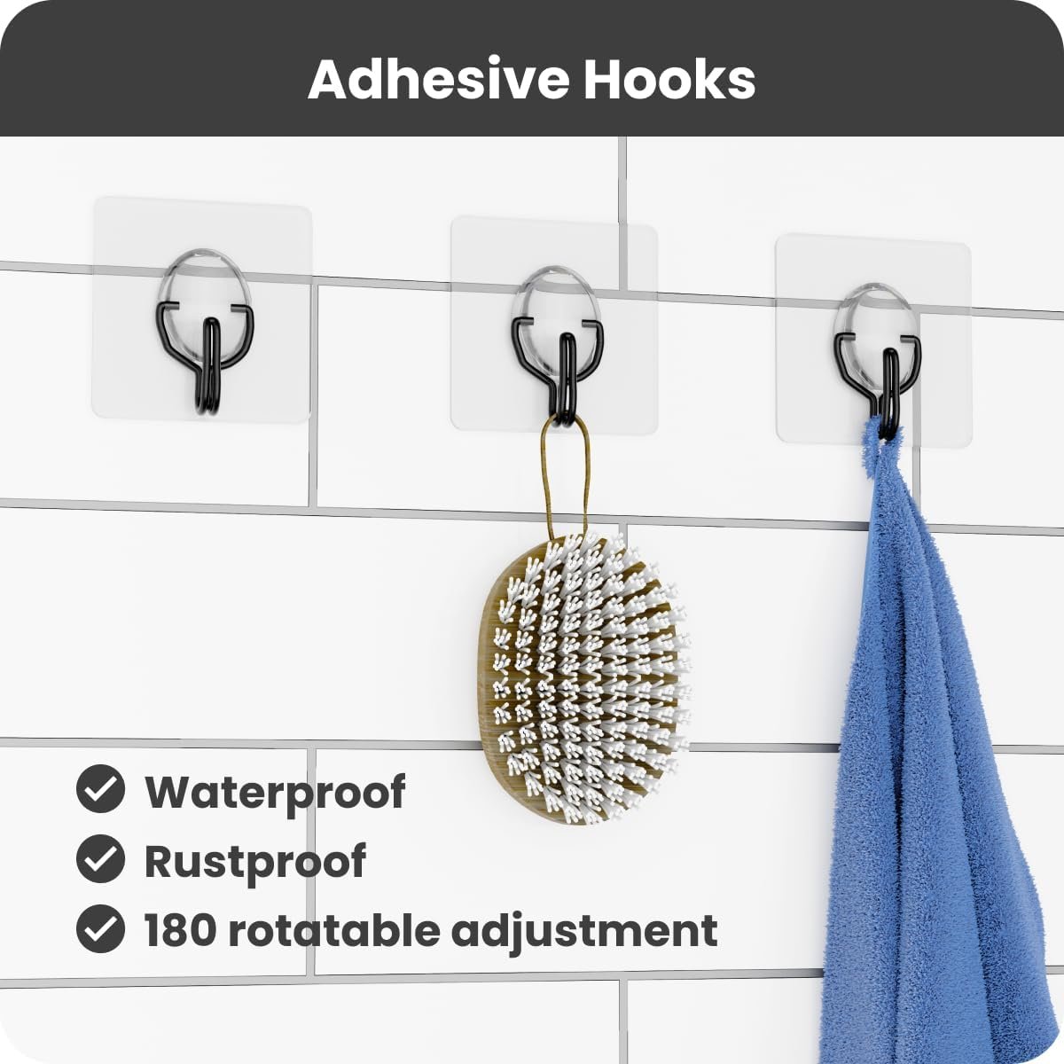 Shower Shelves 3 Pack, Adhesive Shower Organizer with 20 Hooks, 3 Adhesive Hooks, Large Capacity,Stainless Steel Black Shower Caddy,No Drilling,Easy Installation Shelf for Inside - Image 9