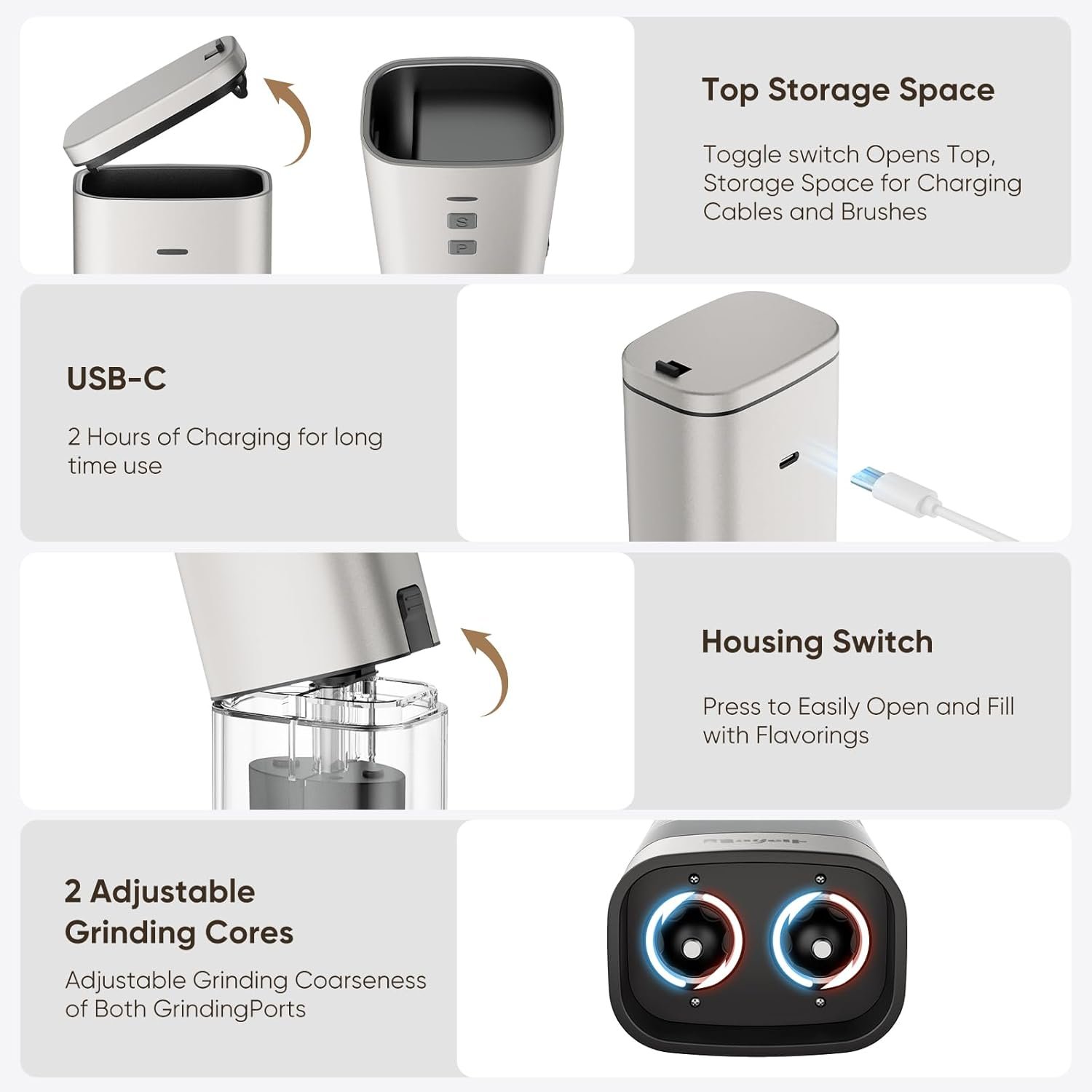 2in1 Portable Rechargeable Salt and Pepper Grinder with LED Light 5oz, Adjustable Ceramic Coarseness, Matte aluminum Finish, Top Storage Compartment, Type-C Charging, One Hand Operate, Kitchen, Travel - Image 6