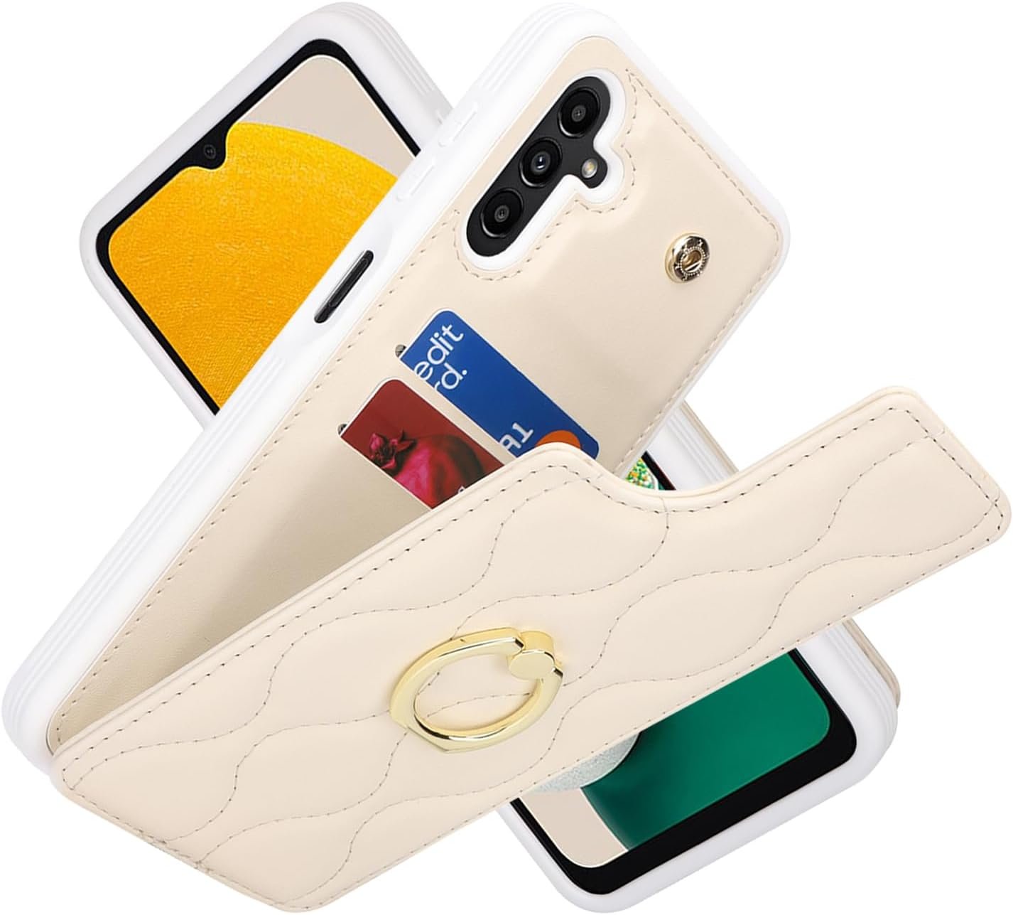 for Samsung Galaxy A14 5G Case with Card Holder,Credit Card Holder,Stand Ring Kickstand,Phone Wallet Case for Women 6.6"(Beige) - Image 3