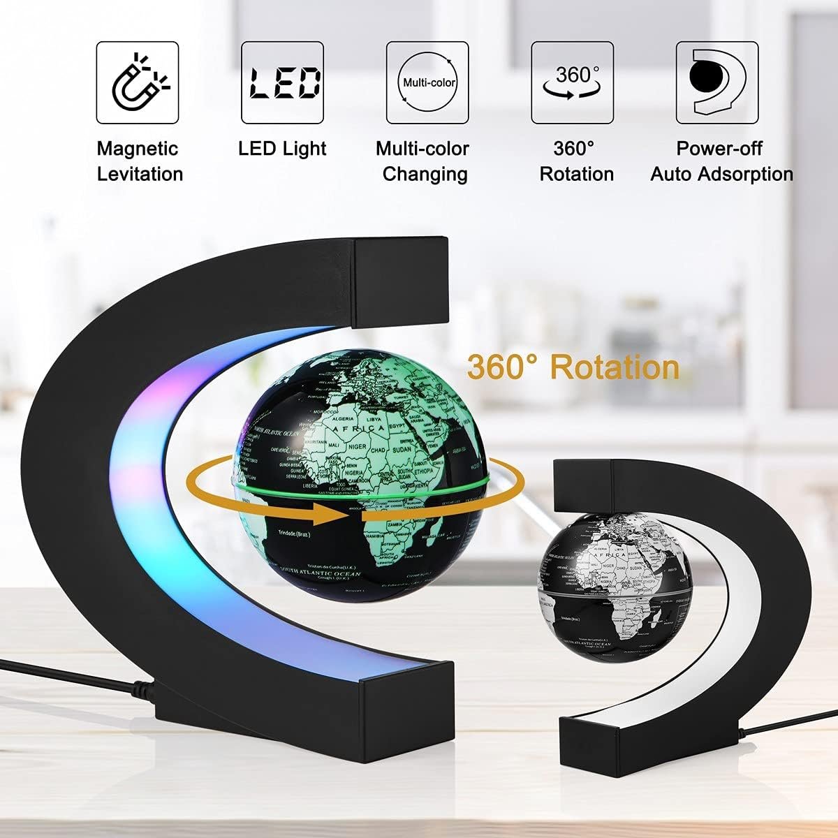 Levitating Globe, Magnetic Floating Globe with Multi-colors Changing LED light, 360 Degree Rotating C Shape Magnetic Levitation World Map Globe Lamp for Room Decor - Image 3