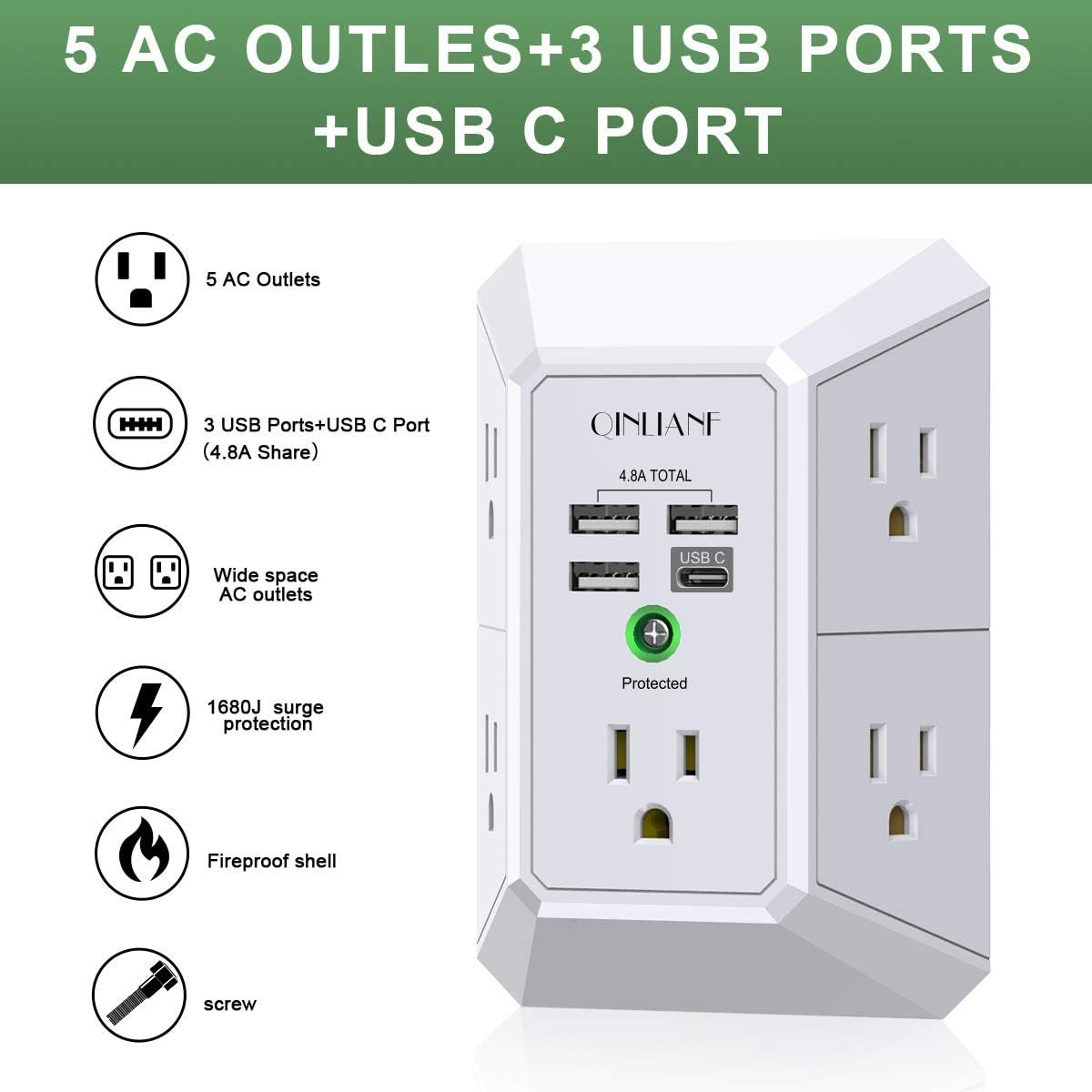 Wall Charger, Surge Protector, QINLIANF 5 Outlet Extender with 4 USB Charging Ports (4.8A Total) 3-Sided 1680J Power Strip Multi Plug Adapter Spaced for Home Travel Office (3U1C) - Image 3