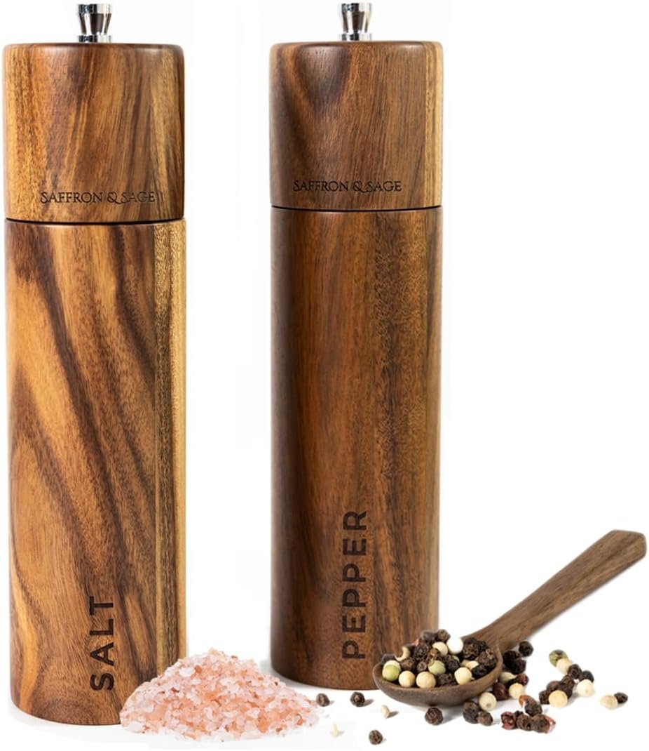 Saffron & Sage Premium Acacia Wood Salt and Pepper Grinder Set of 2-8” Tall Salt and Peppercorn Mill with Adjustable Coarse Settings, Rust Resistant, Smooth and Quality Grinding Mechanism - Image 2