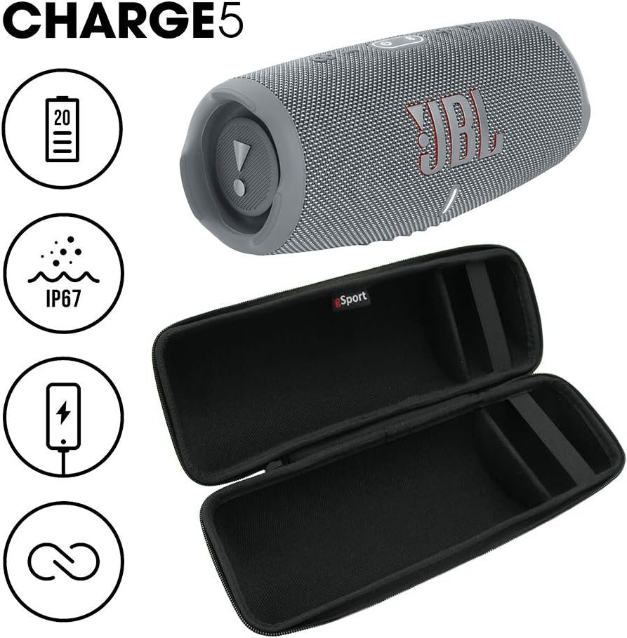 JBL Charge 5 Waterproof Portable Speaker with Built in Powerbank and gSport Carbon Fiber Case (Gray) - Image 3