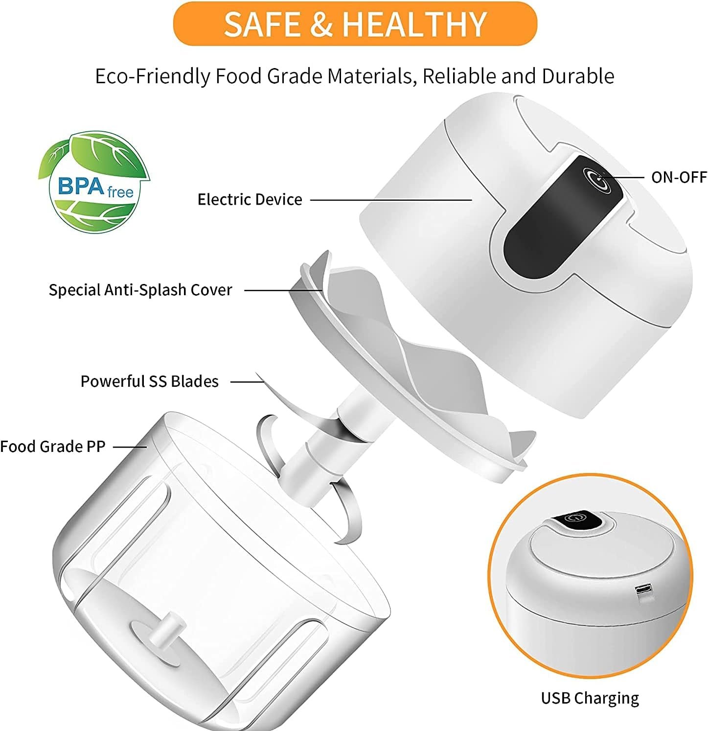 Electric Mini Garlic Chopper,Food Processor,Portable Cordless Garlic Mincer Masher,Meat Grinder with USB Charging For Vegetable,Chili,Fruits,Ginger,Baby Food,Seasoning 250ml(White) - Image 8