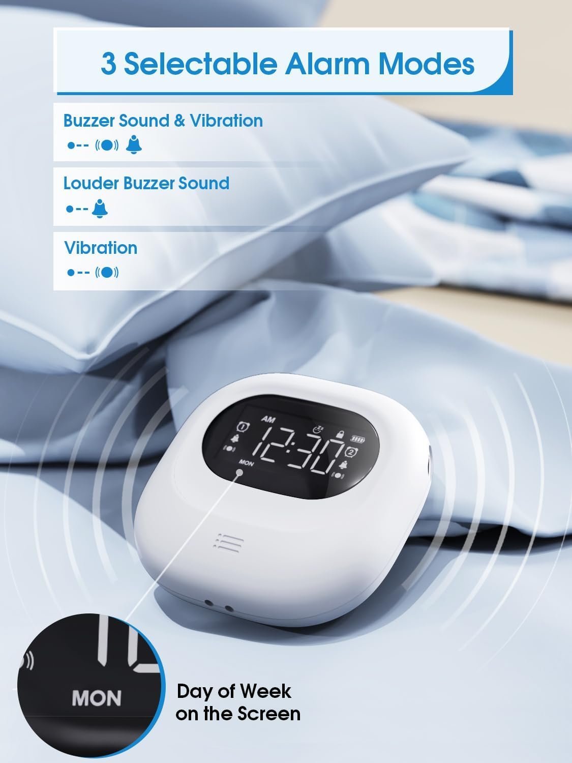 PPLEE Small Wireless Digital Vibrating Clock, Loud Alarm Clock for Heavy Sleepers Adults, Weekday/Weekend Dual Alarms for Bedrooms, Rechargeable Battery Powered Bed Shaker Under Pillow, Week Display - Image 4
