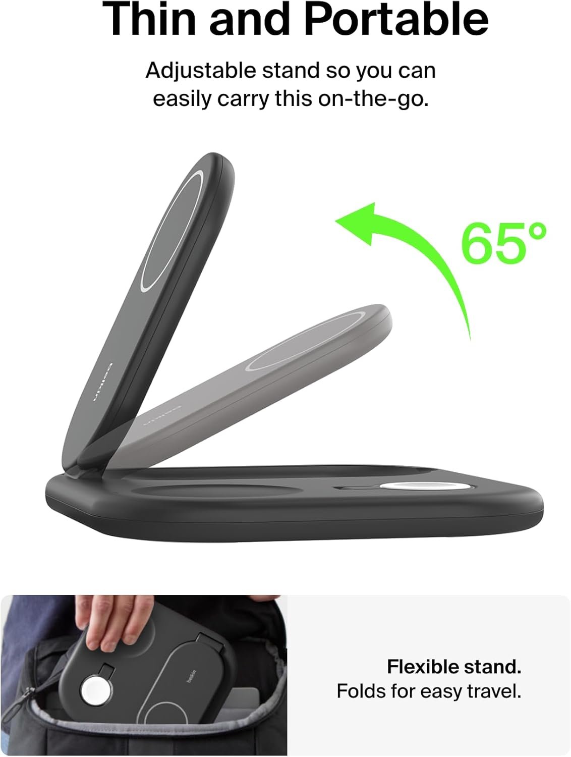 Belkin 3-in-1 MagSafe-Compatible iPhone Charger 15W, Foldable Magnetic Qi2-Certified Wireless Charging Station for iPhone 16, Apple Watch Series 10, AirPods 4, and More, w/Non-Slip Base & PSU - Black - Image 7