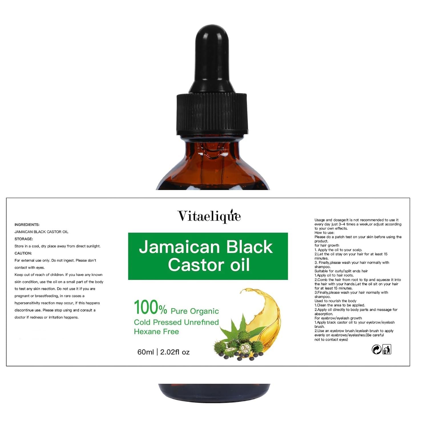 Jamaican Black Castor Oil, Cold Pressed Organic Pure Unrefined Glass Bottle Hair Oil For Hair Growth, Natural Carrier Oil for Thicker Eyebrows Eyelashes, Scalp, Face, Skin Moisturizer - Image 8