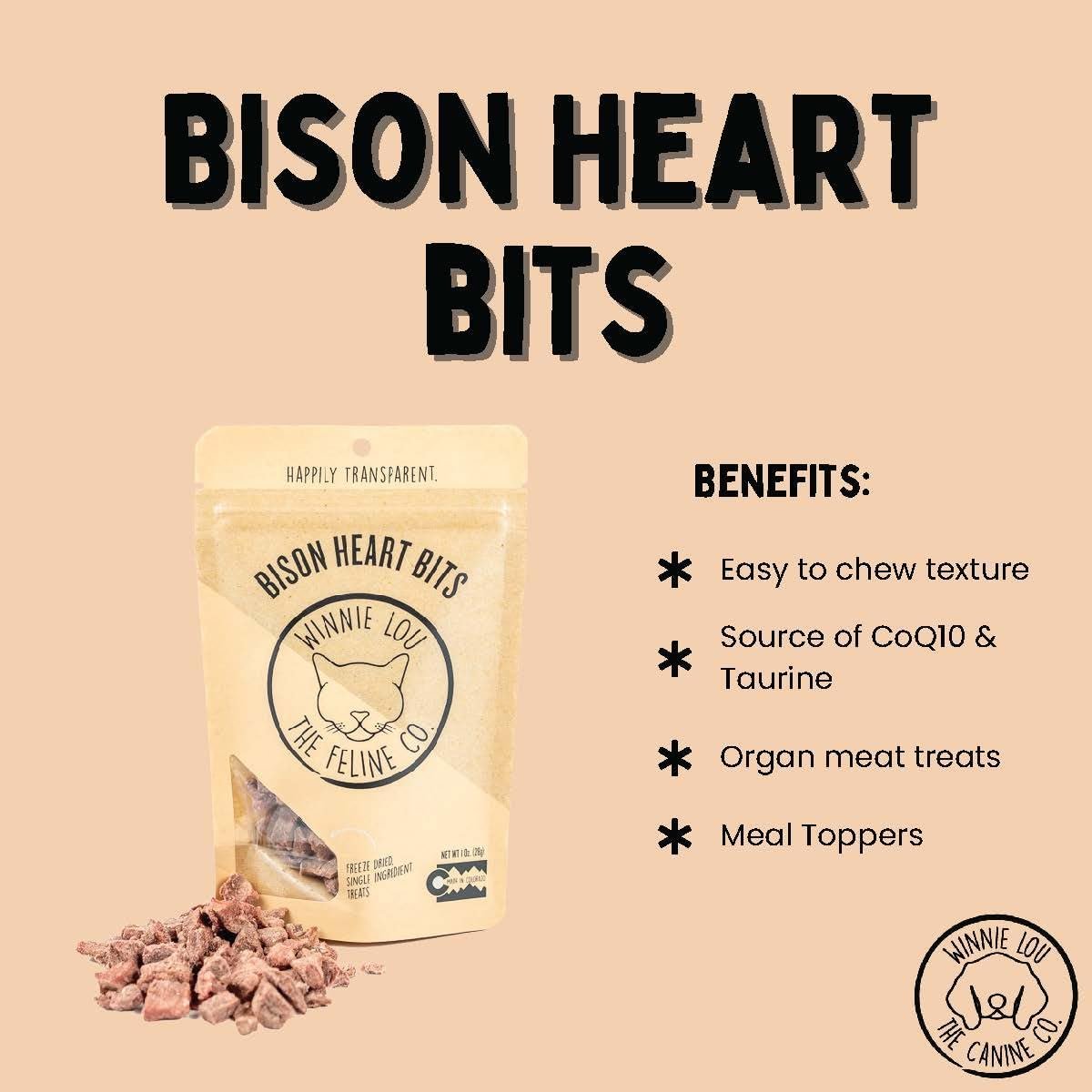 Winnie Lou Grass-Fed Bison Heart Bits Cat Treats, 3 Packs - Single Ingredient, High Protein Cat Food Snacks, Grain Free & Made in The USA, with Taurine, Iron & Zinc for Healthy Cats - Image 8