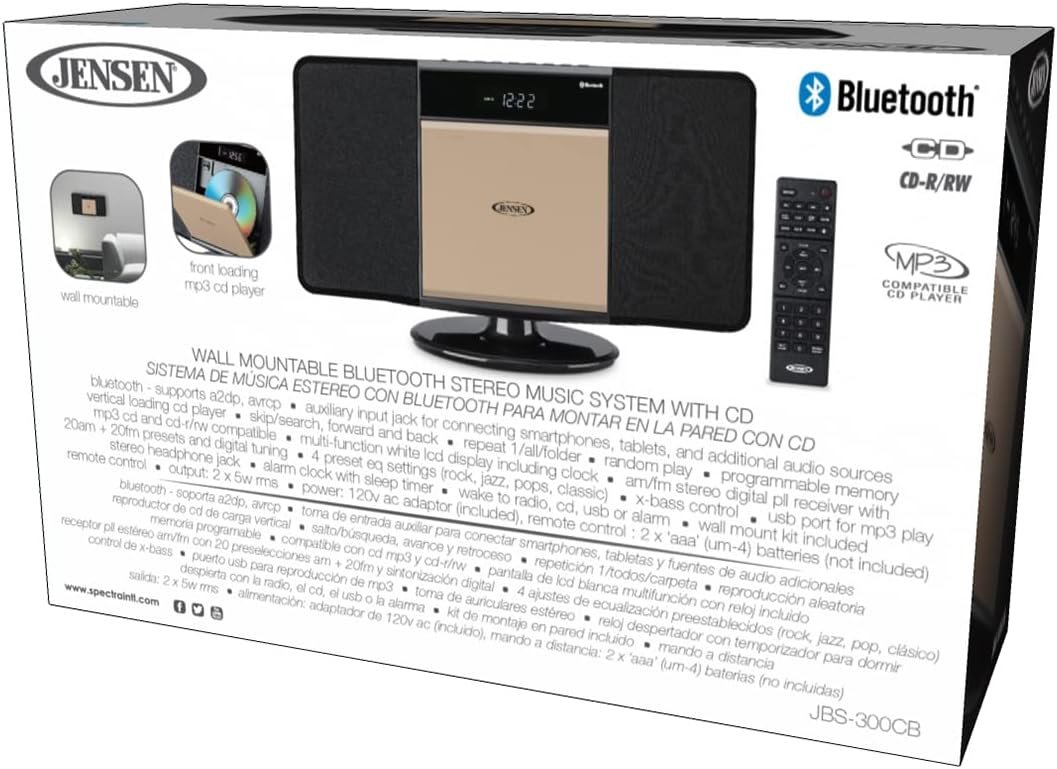 Jensen JBS-300 Champagne Gold Modern Bluetooth Stereo Music System for Home with CD/MP3/WMA Player Wireless Streaming USB Port for MP3 Playback | AM/FM Stereo (Remote Included) (Limited Edition) - Image 10