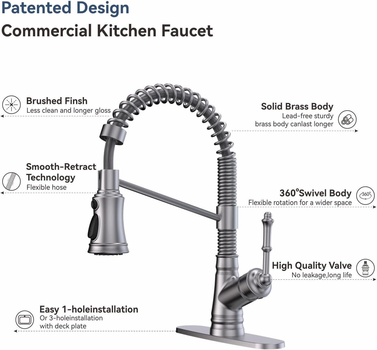 Single Handle Kitchen Sink Faucet with Pull Down Sprayer, Single Level Pull Out Kitchen Faucet, Brushed Nickel - Image 5