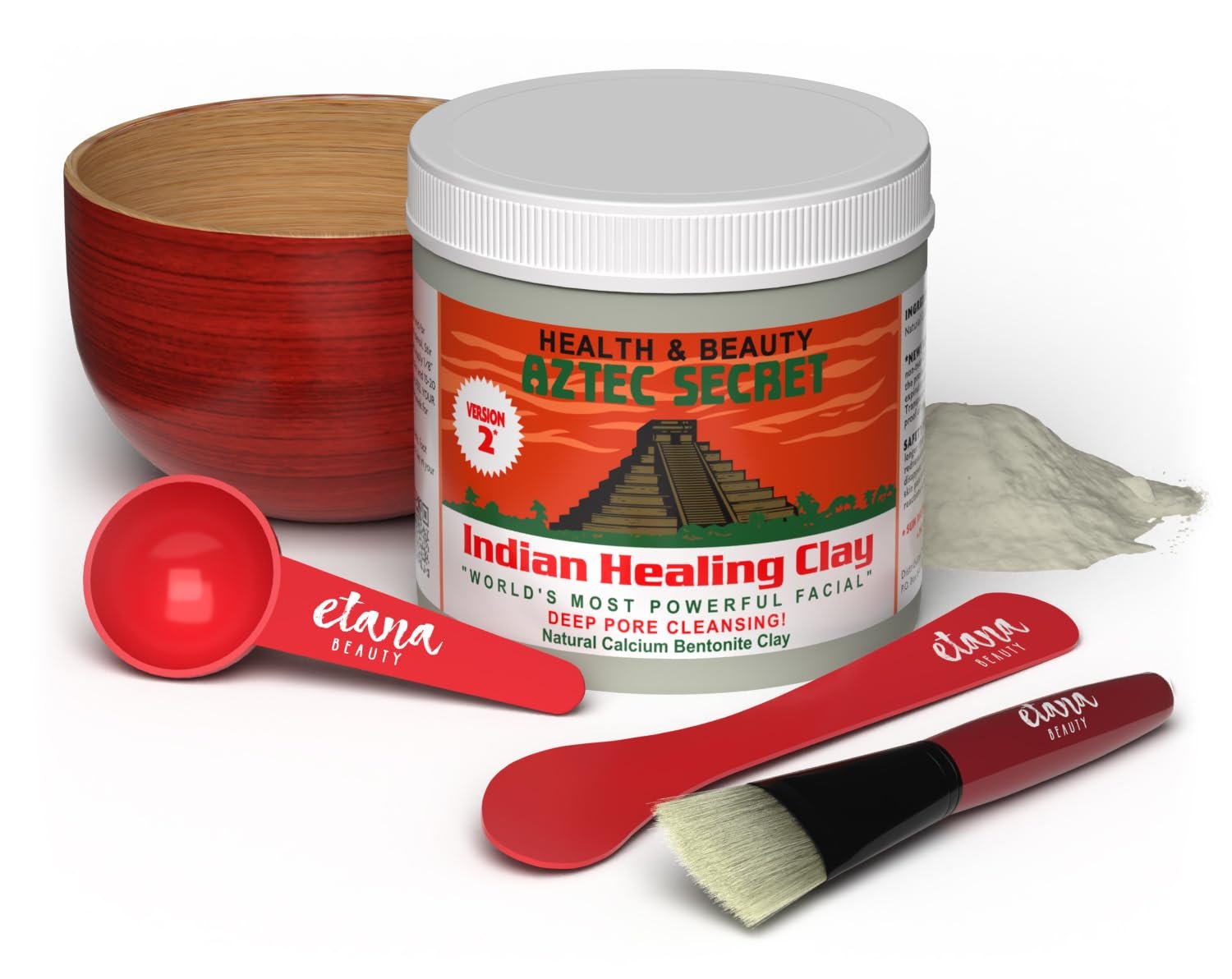 Aztec Secret Essential Indian Clay Mask Kit by Etana – 100% Natural Calcium Bentonite for Deep Pore Cleansing - Facial, Hair & Body Detox Set With Accessories - Image 2